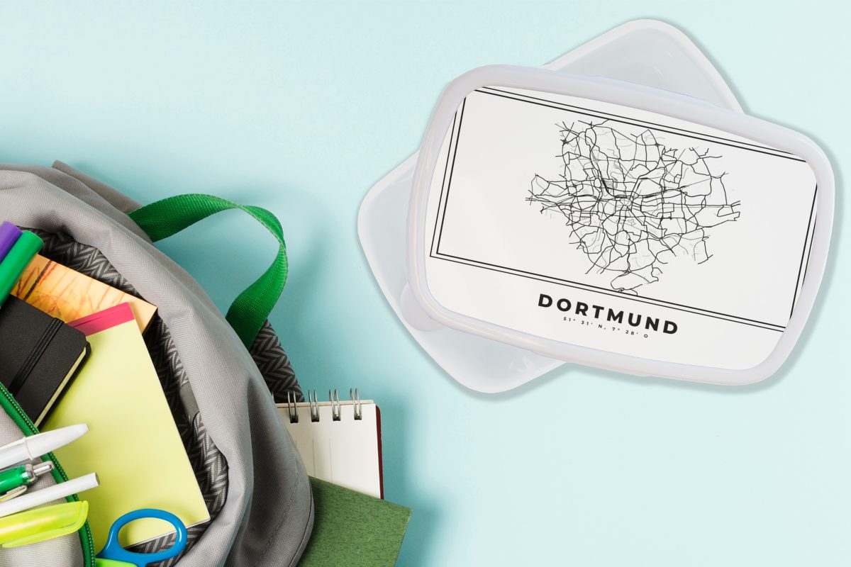 und Kunststoff, für für Karte, Brotbox - (2-tlg), Mädchen Erwachsene, Stadtplan und Deutschland - Jungs und weiß Dortmund Schwarz - - MuchoWow Lunchbox Kinder Brotdose,