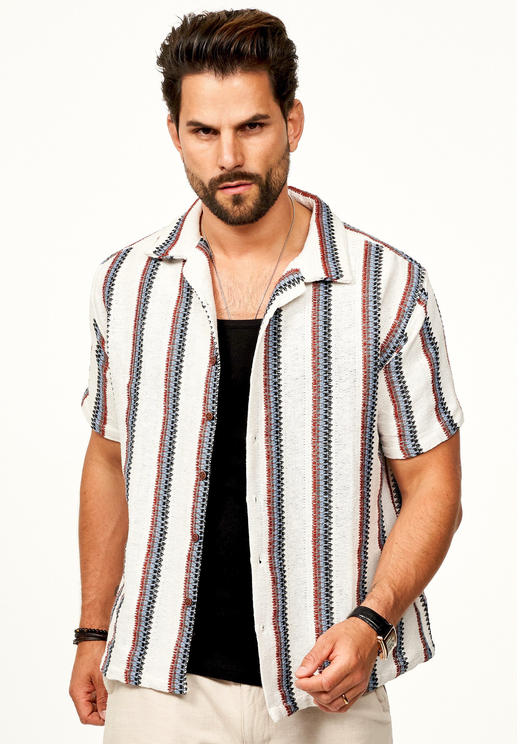 SOULSTAR Kurzarmhemd Gestreift - Freizeithemd als Kurzam Strick Retro Hemd Herren Strick Polo-Hemd Overshirt im Regular-Fit T-Shirt