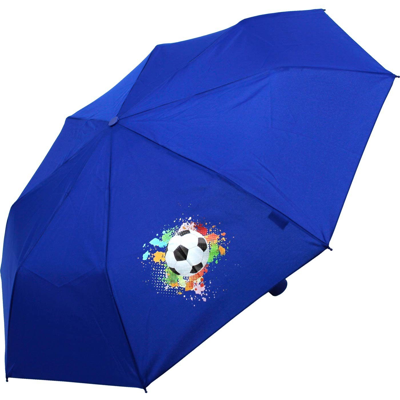 für mit blau, Mini Taschenregenschirm Kids Schulweg Schule Fußball Kinderschirm leichter Motiven - coolen den leicht ein Jungen Schirm derby