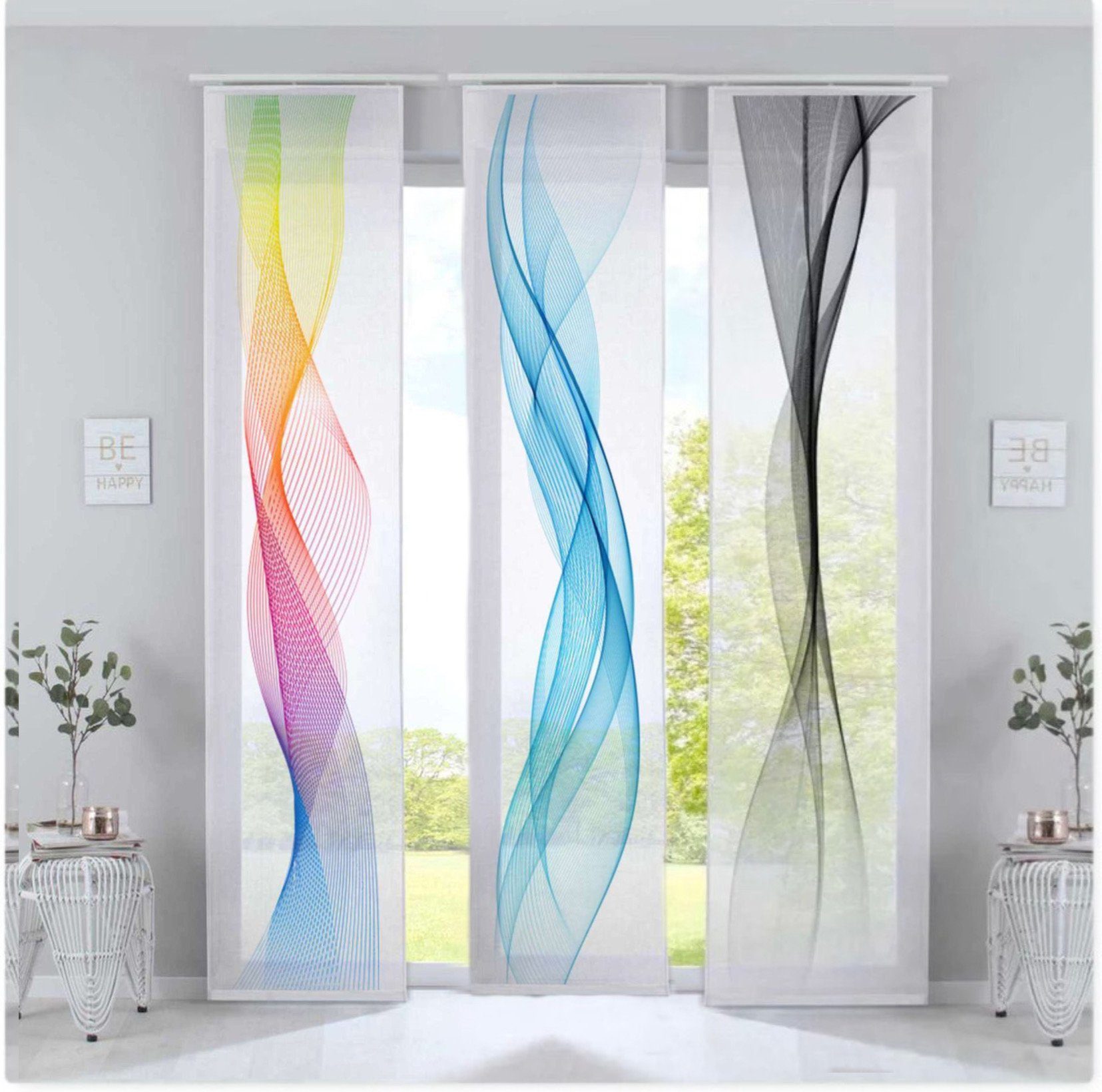 Faizee Möbel Vorhang Flächenvorhang 245x60 Wellenmuster Bunt/Blau/Schwarz Gardine Vorhang