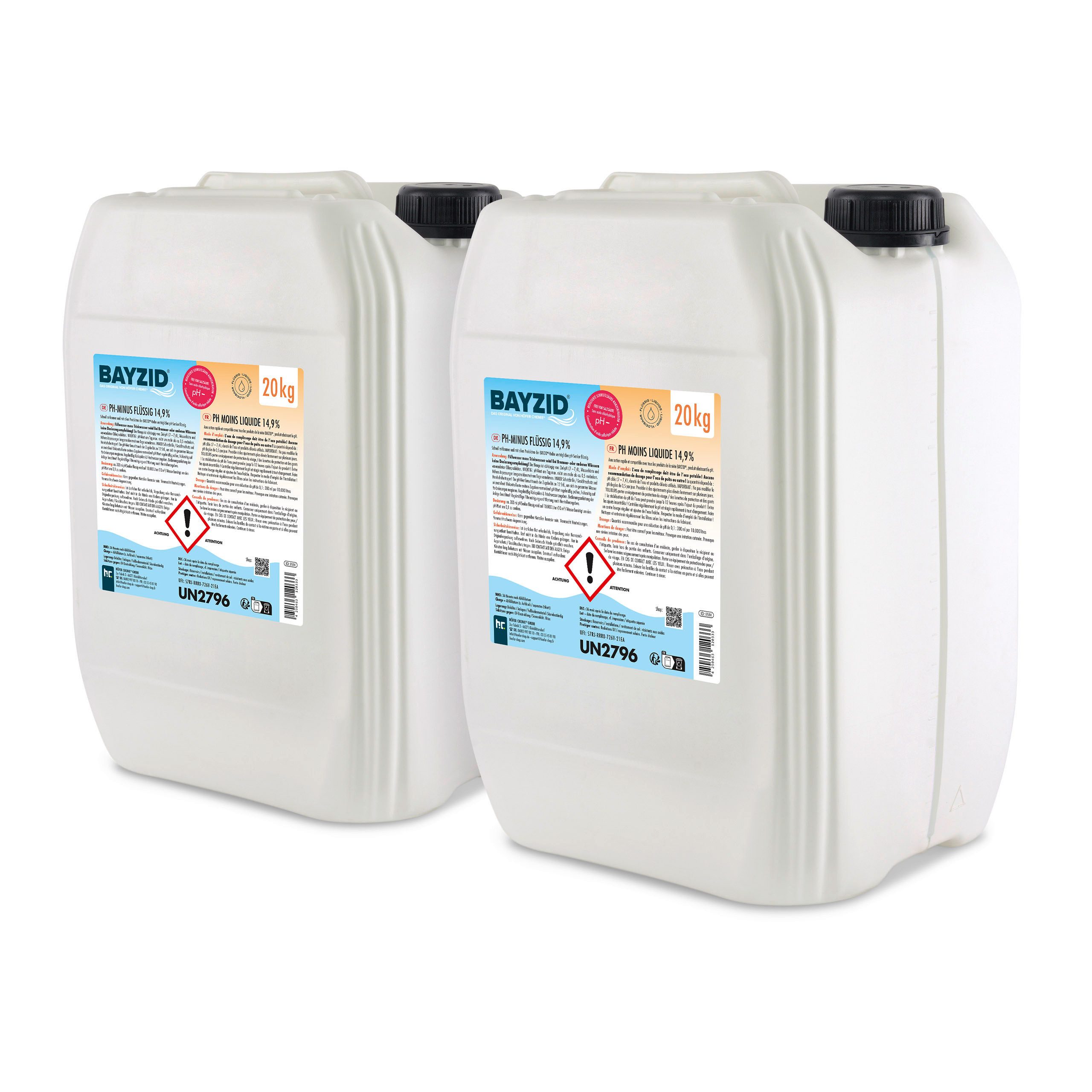 Höfer Chemie GmbH Poolpflege 2x 20 kg BAYZID® pH Minus flüssig 14,9%, Zuverlässige Regulierung des pH-Werts