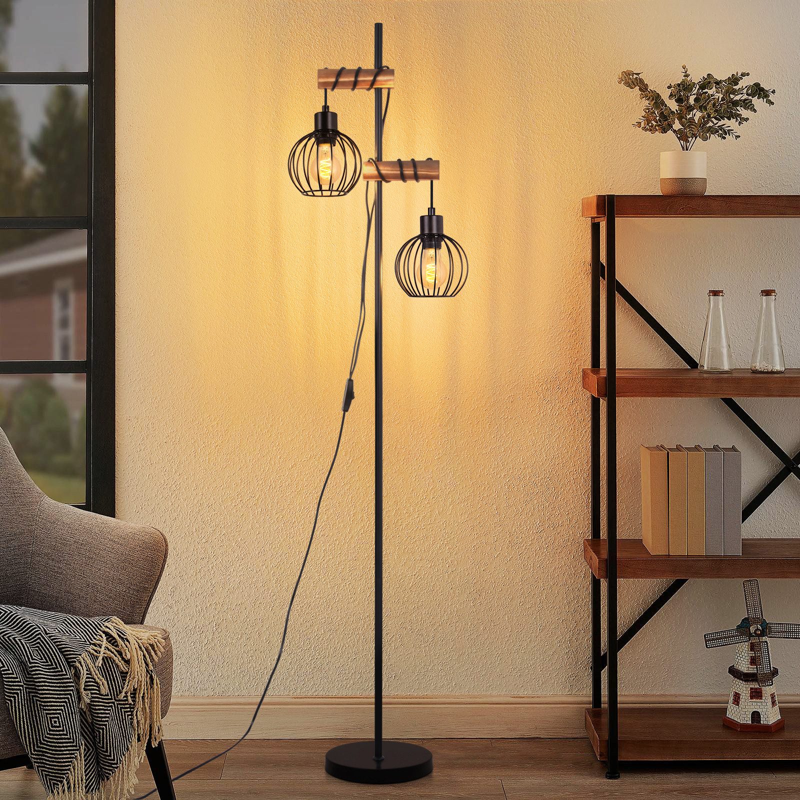 ZMH Stehlampe Wohnzimmer Holz Retro 1/2/3-flammig Stehleuchte E27 Schlafzimmer, Vintage-Standleuchte mit Metall-Käfigschirm, ohne …