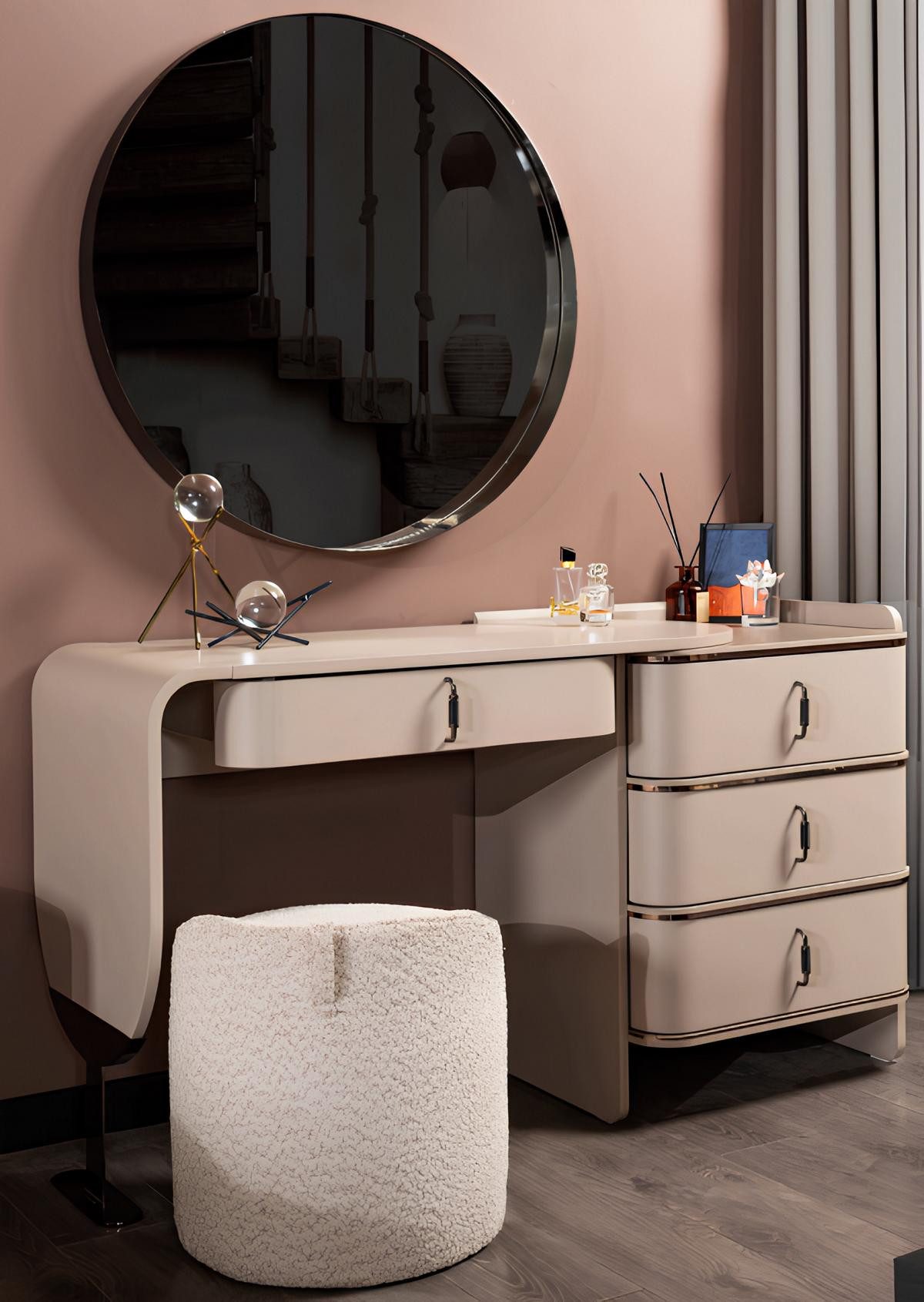JVmoebel Schminktisch Beiger Holz Schminktisch mit Spiegel und Textilhocker, Made in Europa