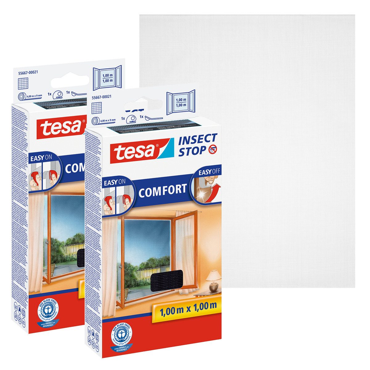 tesa Захист від комах-Fensterrahmen Insect Stop Comfort Fliegengitter für Fenster - 1.0 m : 1.0 m, (Packung, 2-St., Fliegennetz, Klettband, Andrück und Schneidehilfe), Захист від комахgitter - Fliegenetz ohne Bohren -zuschneidbar