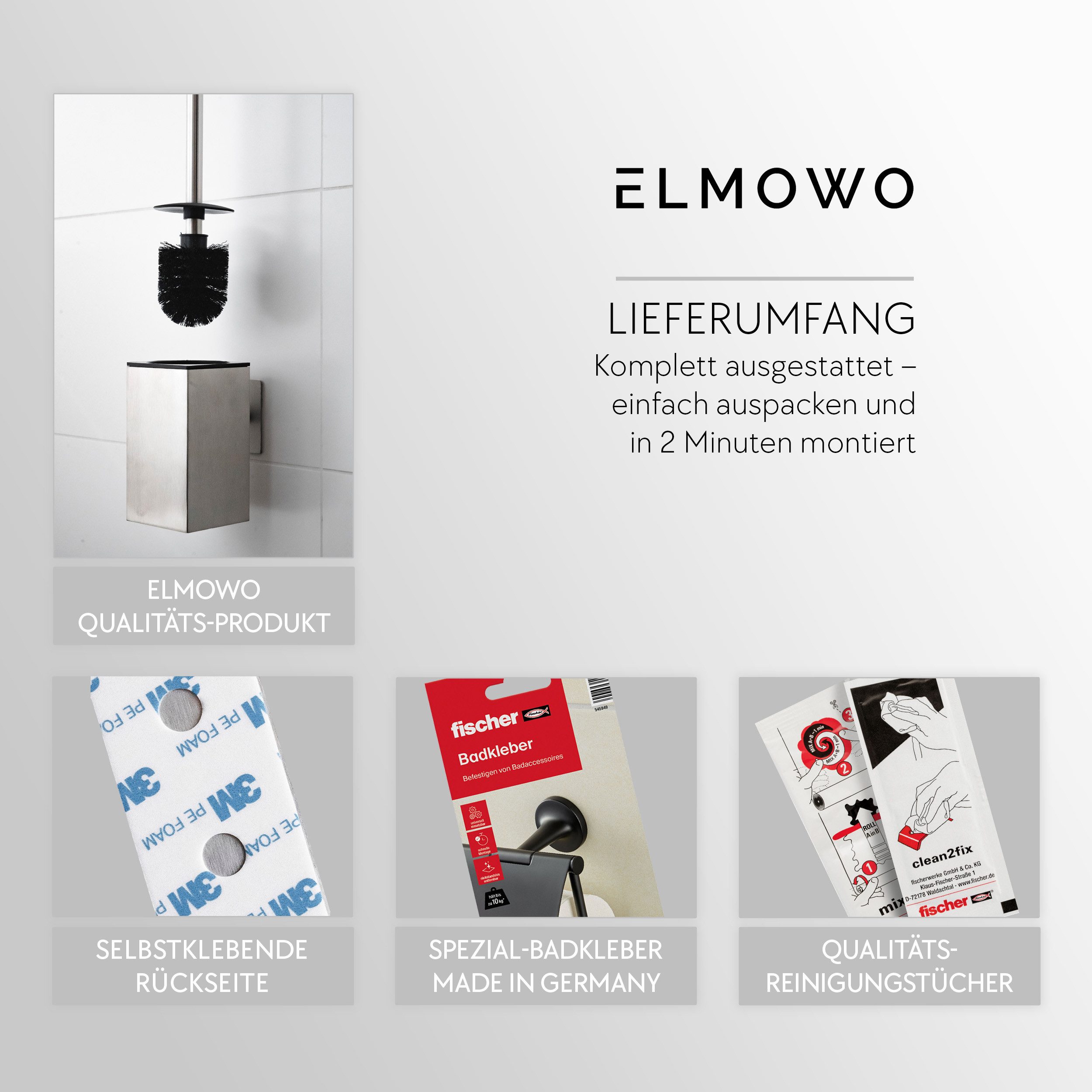 ELMOWO WC-Reinigungsbürste ohne Bohren aus Edelstahl - Toilettenbürste zur Wandmontage, Für alle glatten Oberflächen im Bad, (Komplett-Set, inkl. Ersatzbürsten-Kopf), Klobürste für das Badezimmer und Gäste-WC