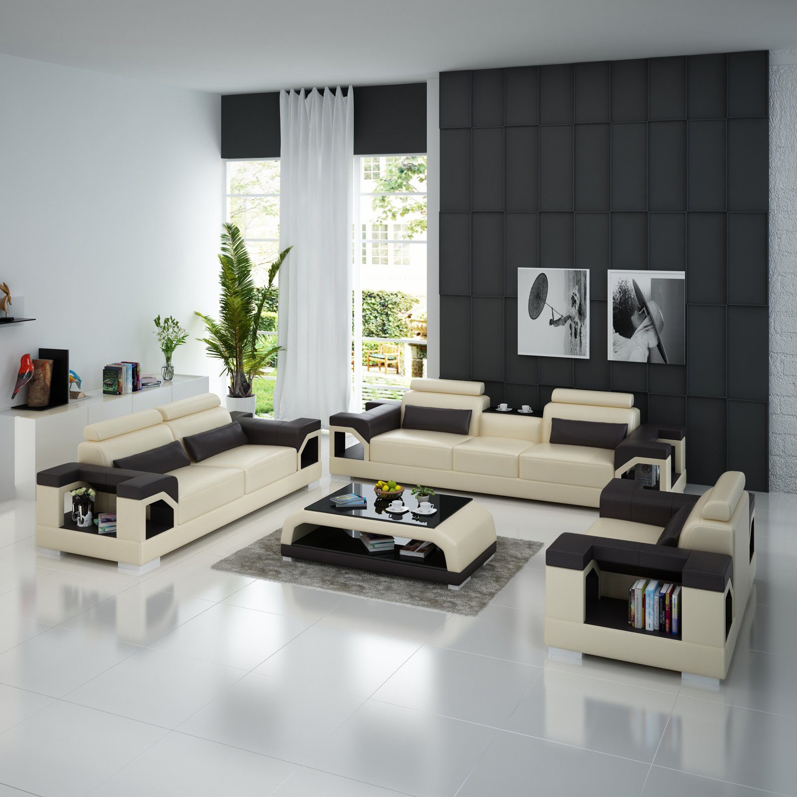 Modern JVmoebel Sofagarnitur Ledersofa Design Wohnzimmer-Set, Garnitur usb 321 Couch Sofa Grau/Schwarz