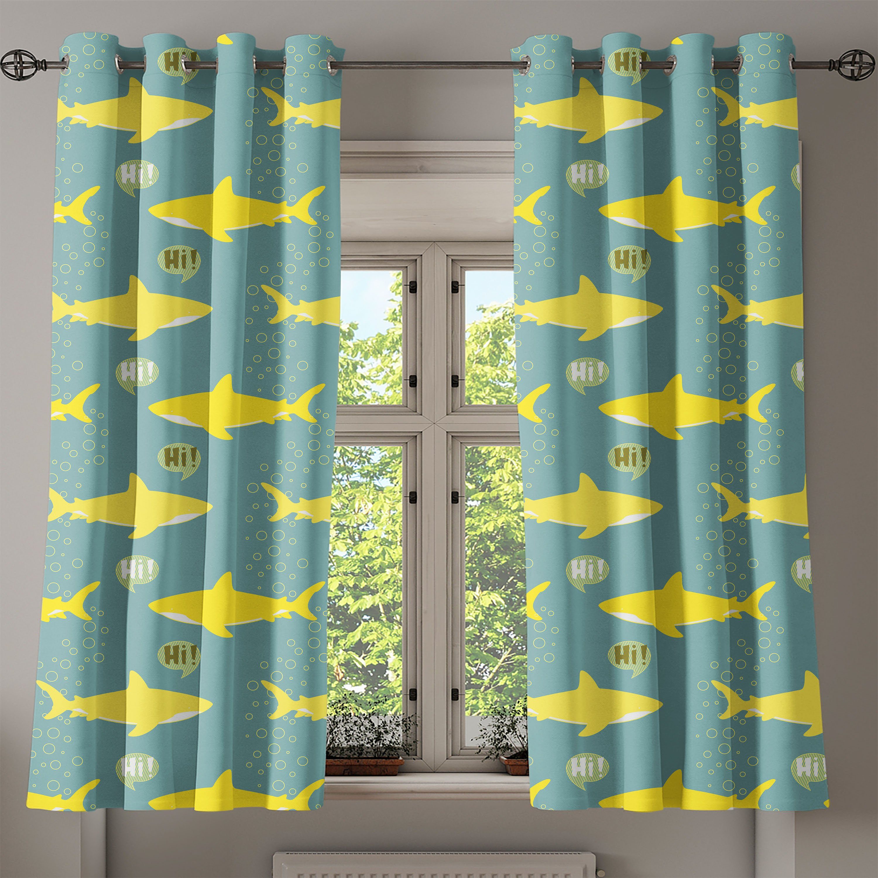 Wohnzimmer, Freundliche Schlafzimmer Hai gelbe für Abakuhaus, Fische 2-Panel-Fenstervorhänge Gardine Dekorative