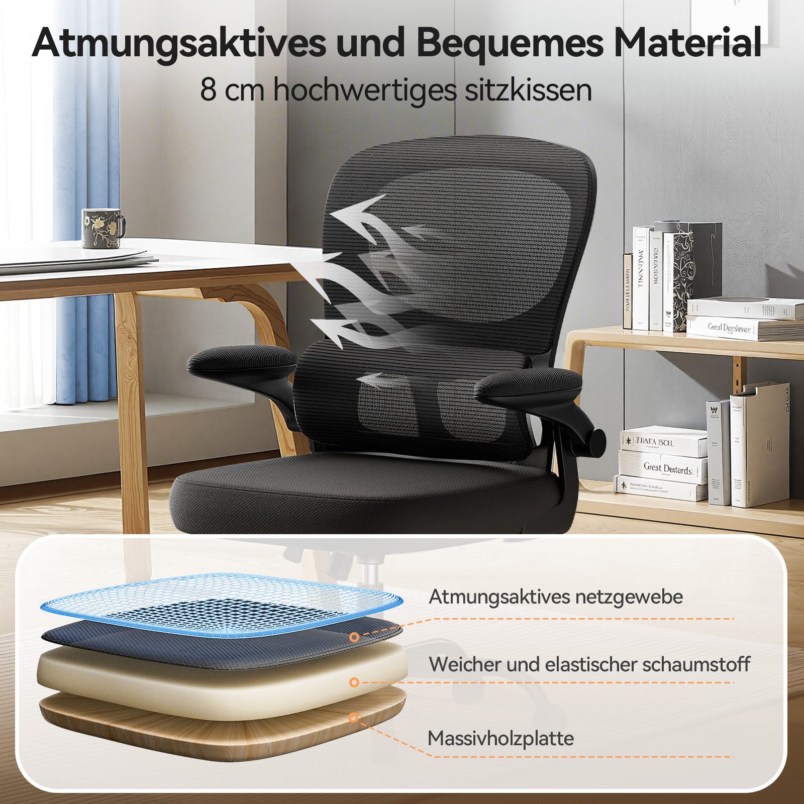 ZAISZE Bürostuhl 280G Netz Sitz Gaslift 2-Stufe Geräuschlose Rollen Ruhe & Effizienz (Set), Nylonrad, Fünf-Klauen-Stütze – Bild 5 von 5