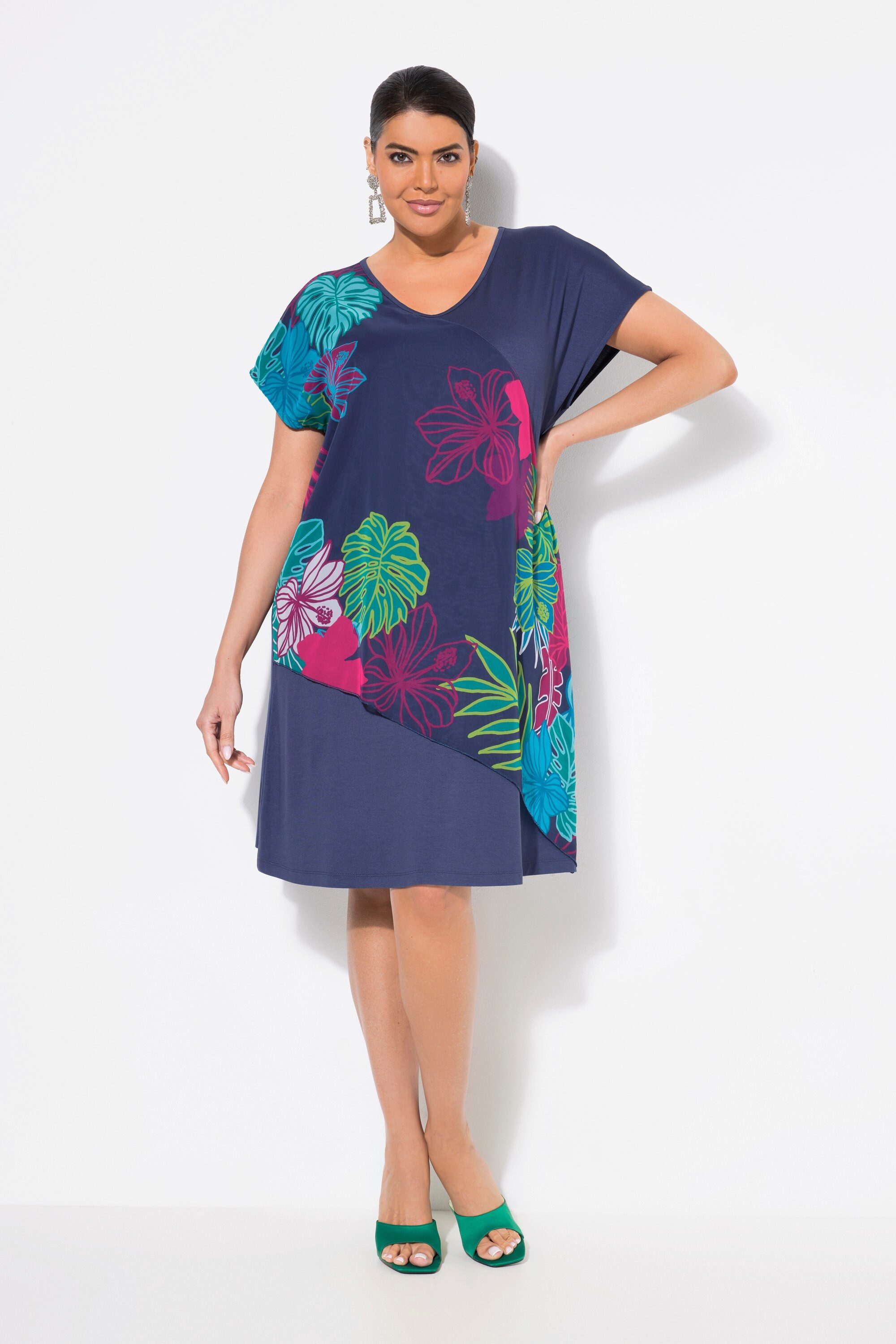 Ulla Popken Minikleid Jerseykleid Chiffon-Überwurf V-Ausschnitt günstig online kaufen