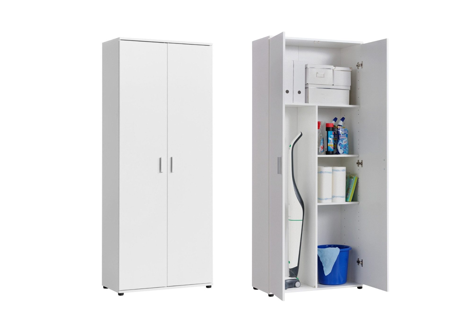 Home Collective Mehrzweckschrank 75 cm breit mit Einlegeböden 75x35x184 cm (BxTxH) Weiß (Vorratsschrank Universalschrank für Haushalt, Flur, Büro, Keller) mit 2 Einlegeböden und Fach für Staubsauger