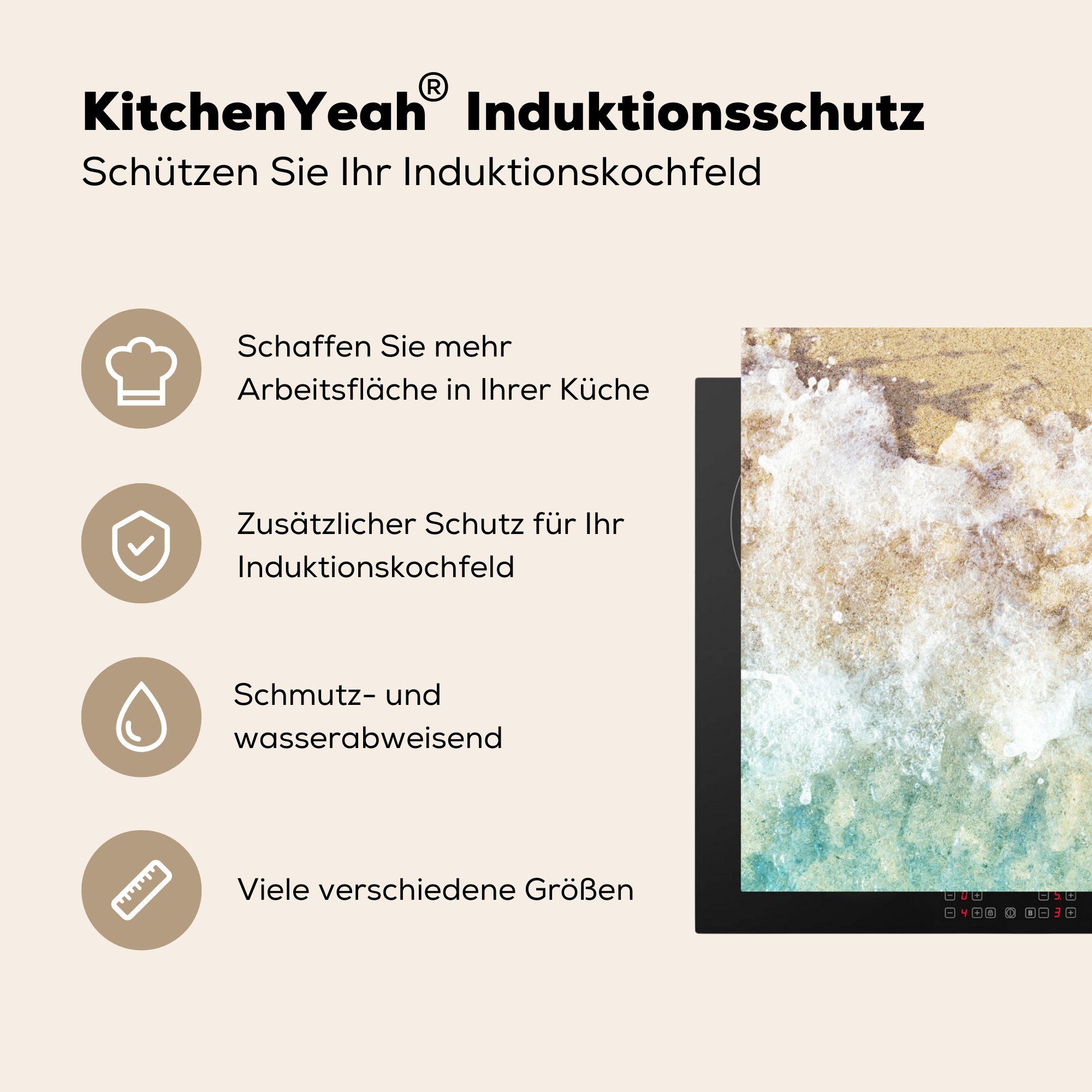 - Vinyl, (1 tlg), Wasser Herdblende-/Abdeckplatte Arbeitsplatte - küche cm, für Golf Induktionsschutz 83x51 - Ceranfeldabdeckung, Strand, MuchoWow