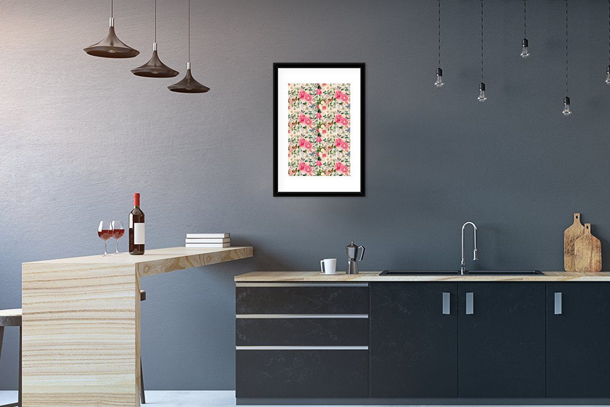 MuchoWow Poster Sommerblumen - Schmetterling - Pastell, (1 St), mit Rahmen, Kunstdruck, Gerahmtes Poster, Schwarzem Bilderrahmen | Poster