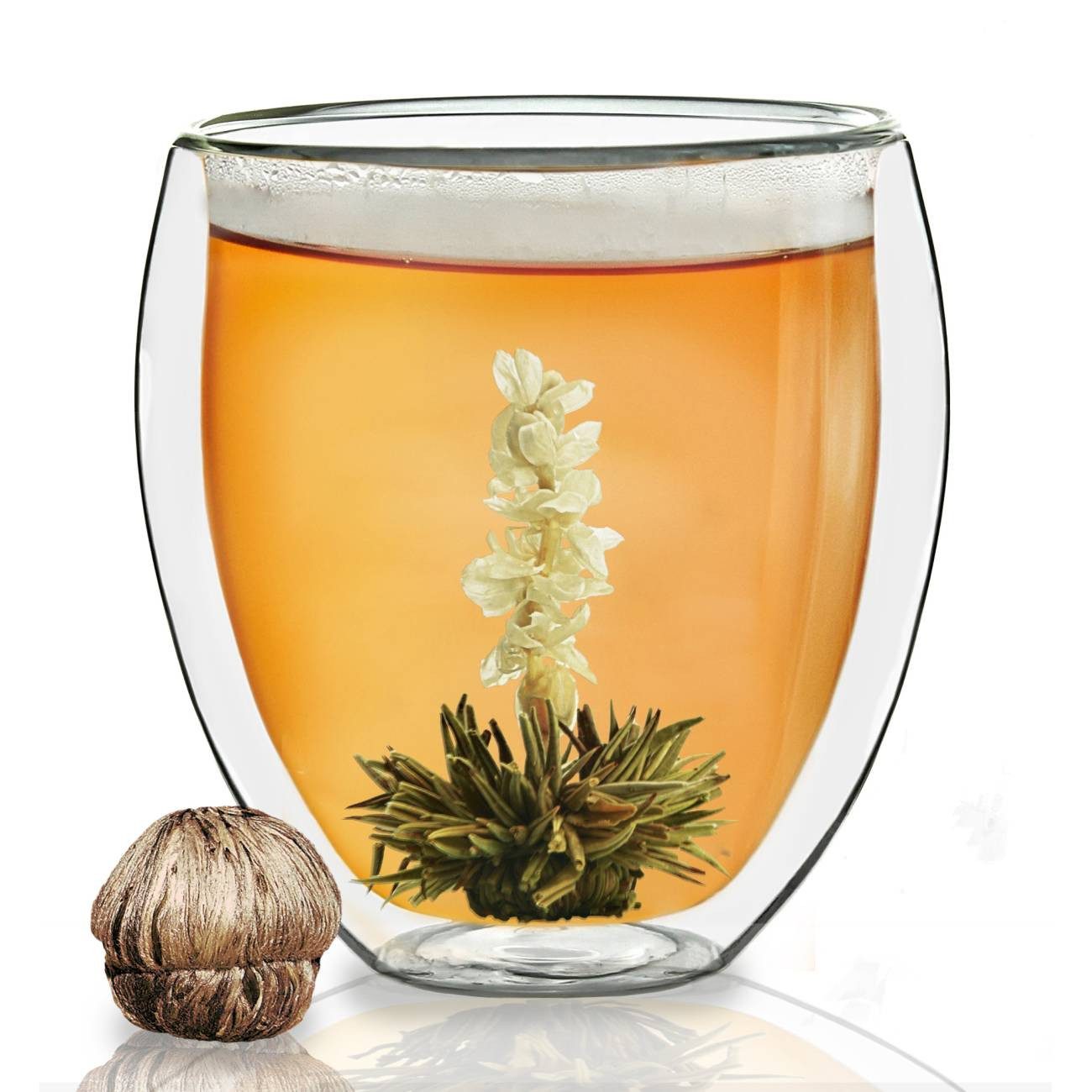 Creano Teeglas Doppelwandiges Thermoglas "bauchig" XXL, 400ml inkl. einer Teeblume