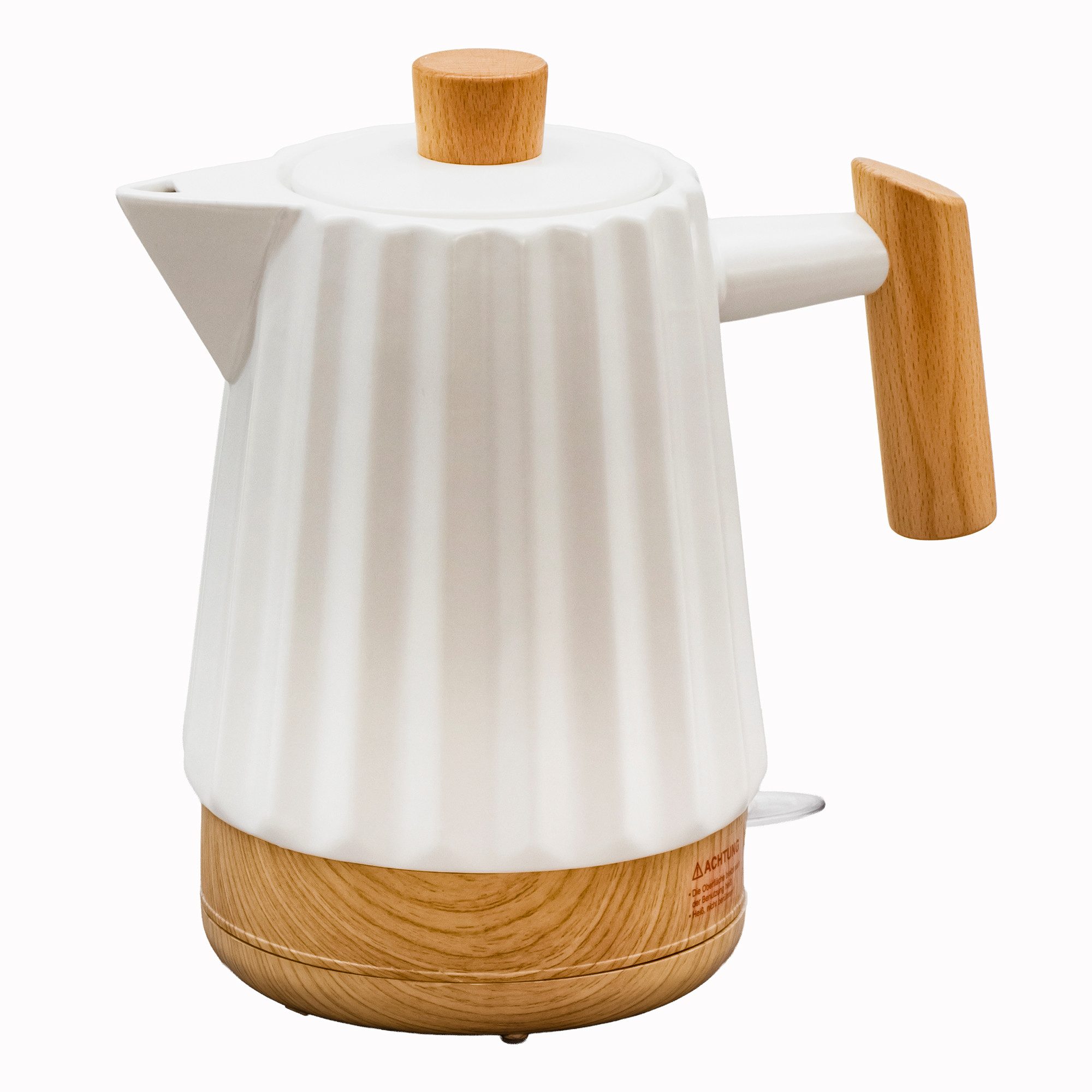 KVOTA Wasserkocher Keramik-Wasserkocher 1,7 l weiß mit Holzgriff, LED & 360°-Sockel, 1.7 l, 1500 W, Leise im Betrieb, Längere Warmhaltezeit