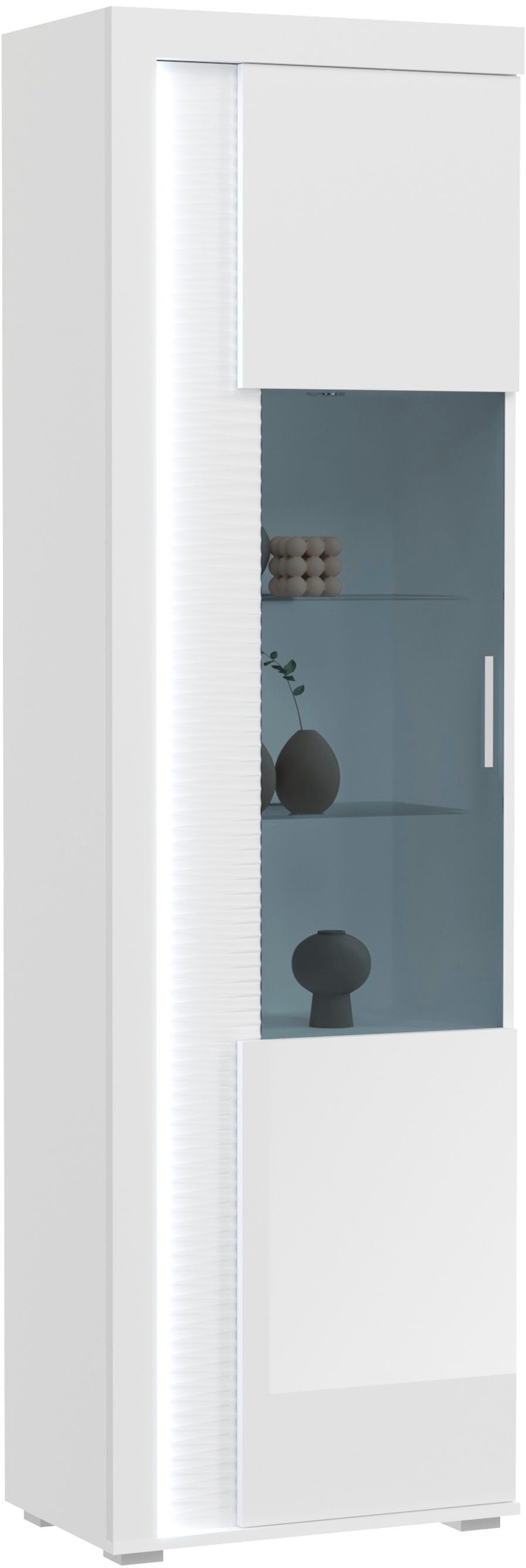 Home affaire Vitrine Viborg, Höhe 202cm, ink. vertikaler Frontbeleuchtung, li/re montierbar 1 Tür, 6 Fächer, 2 Glaseinlegeböden, 1 höhenverstellbarer Einlegeboden
