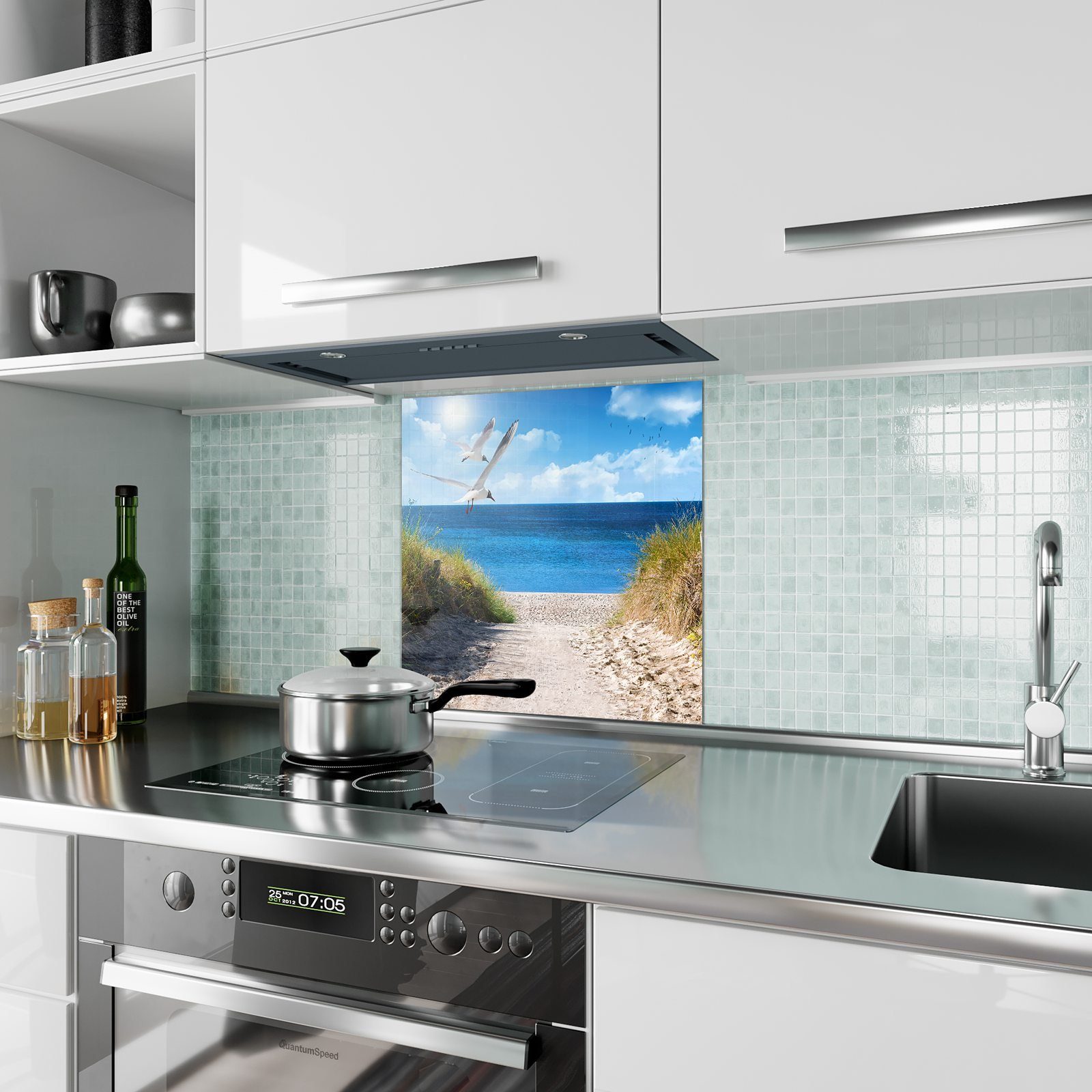 Primedeco Küchenrückwand Küchenrückwand Spritzschutz Glas Motiv mit am Meer Möwen