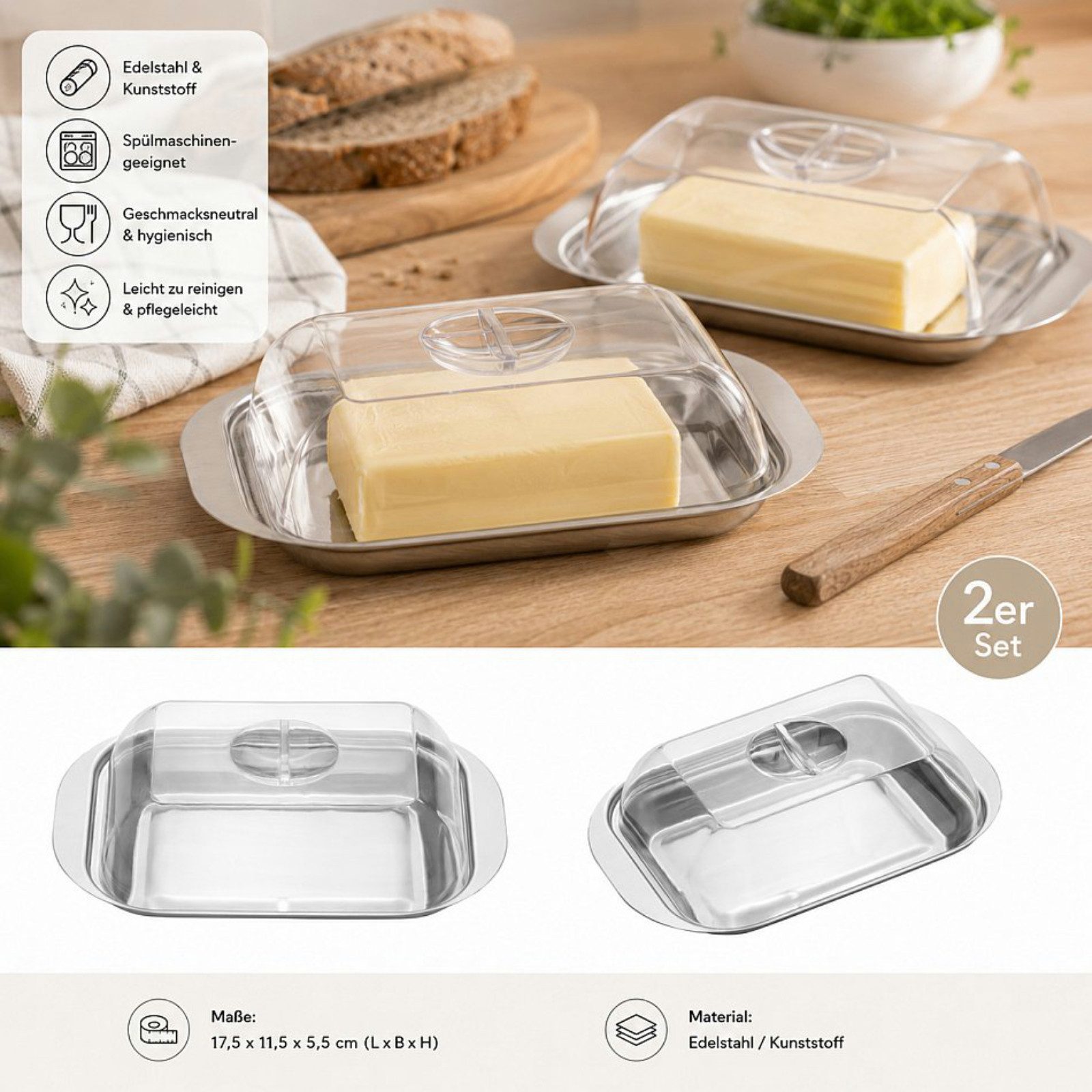 Haushalt International Butterdose Butterbehälter Butterglocke Edelstahl Kunststoff 17x11x5,5cm, Edelstahl, (Set, 2-tlg., 1 Dose), Unterteller Edelstahl, 2tlg, Deckel Kunststoff, Butter, Margarine