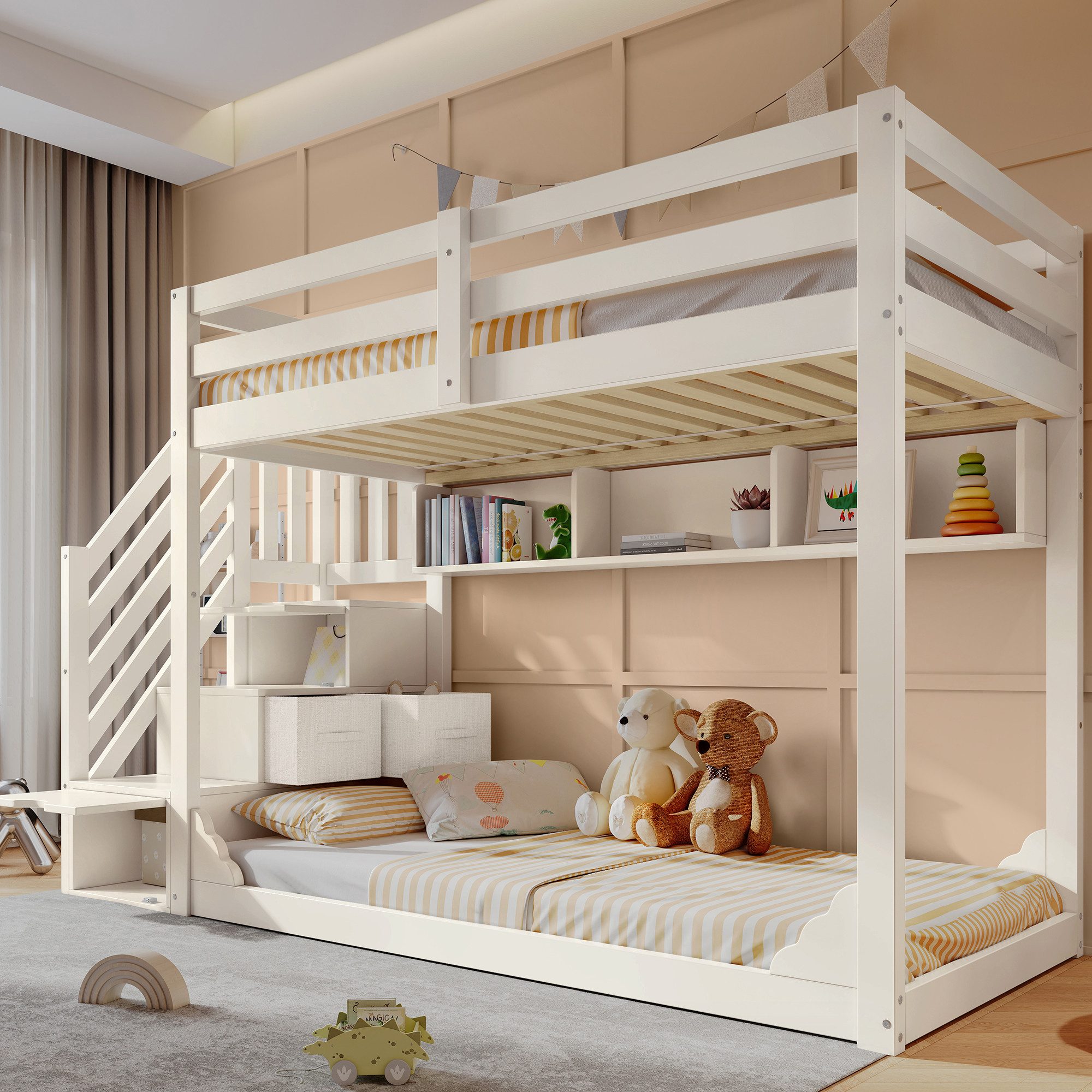 OKWISH Hochbett Bett 90x200 cm mit Treppenschrank und Stauraum, weiß (Etagenbett, 1-St., für Geschwister mit Sicherheitsgeländer und Ablagefächern) platzsparendes Holz Kinderbett (ohne Matratze)