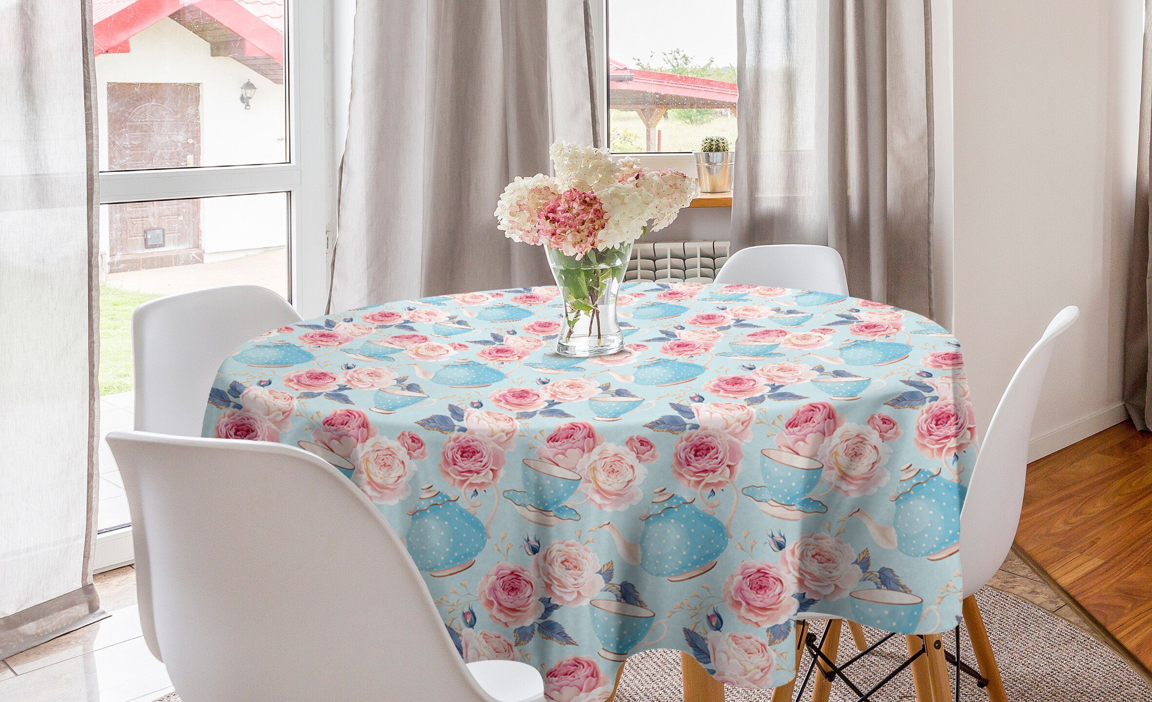 Abakuhaus Tischdecke Kreis Tischdecke Abdeckung für Esszimmer Küche Dekoration, Jahrgang Blumen-Rosen-Teekanne