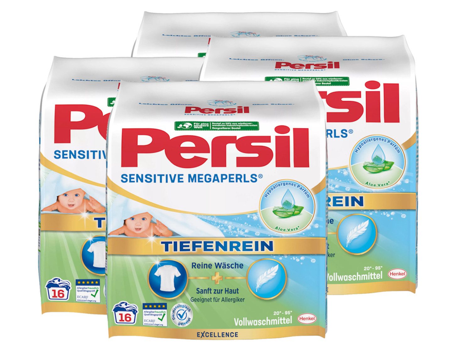 Persil Sensitive Megaperls Vollwaschmittel (Spar-Pack, [64-St. für Allergiker mit beruhigender Aloe vera für sensible Haut effektiv von 20 °C bis 95 °C, ECARF-zertifiziert)