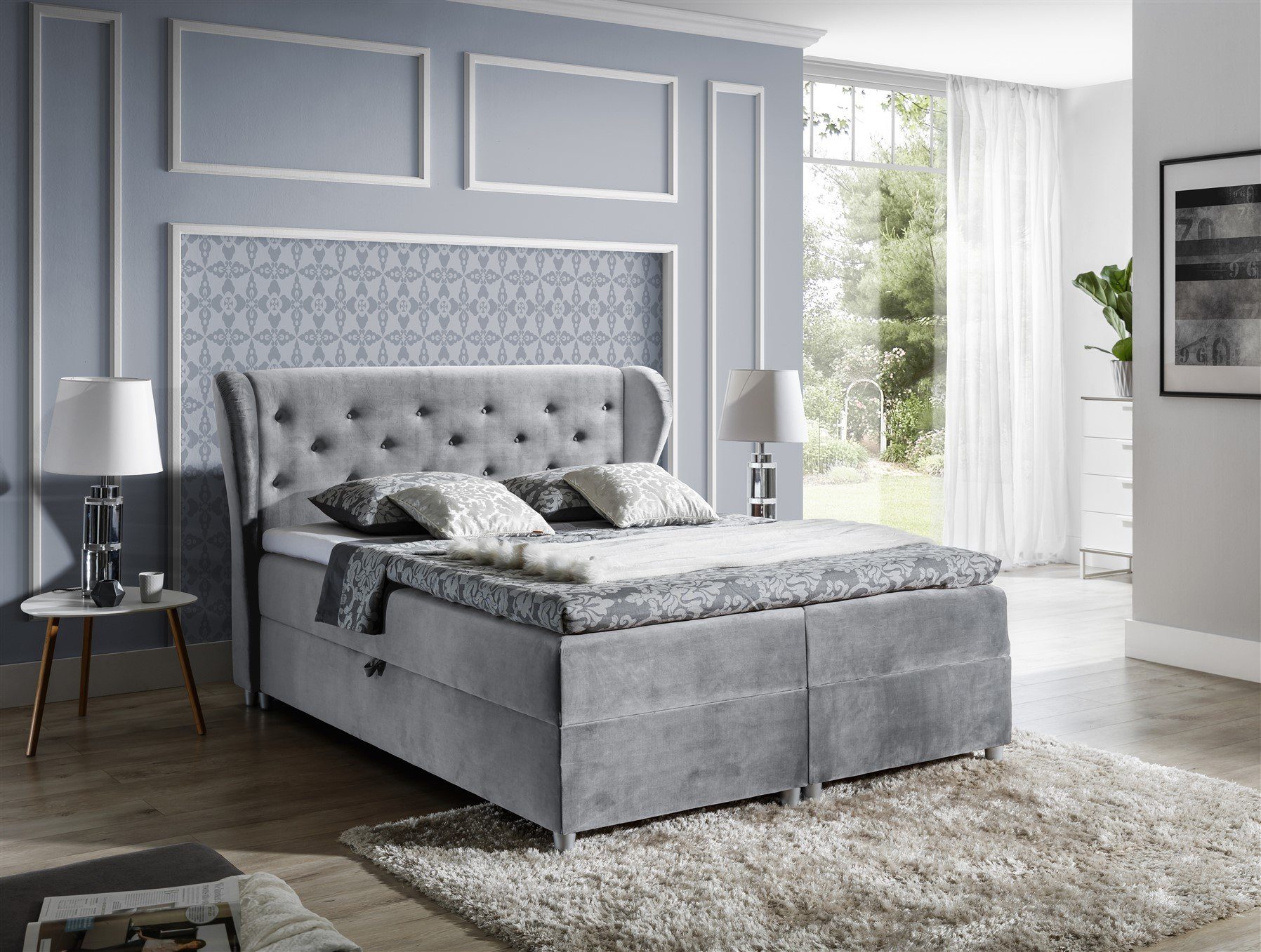 Fun Möbel Boxbett Schlafzimmerbett ARIANNA Stoff Grau inkl. Bettkasten (N/A, 1-St., inkl. Kaltschaumtopper), inkl. Topper