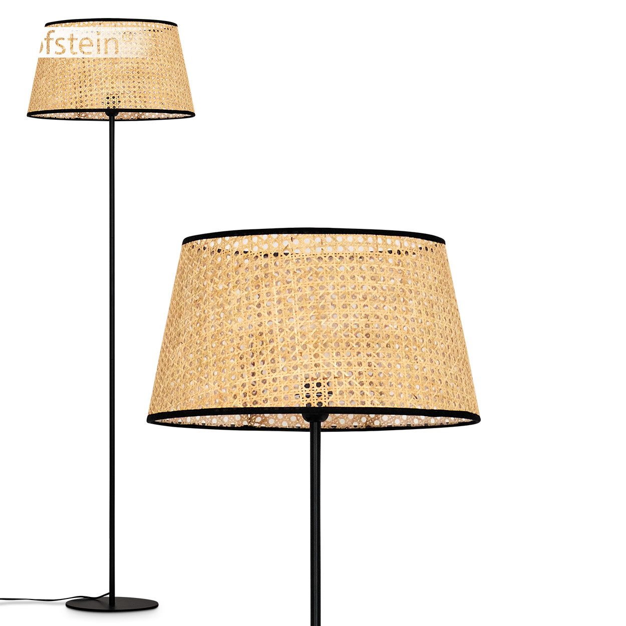 hofstein Stehlampe Stehlampe aus Metall/Wiener Geflecht/Rattan in Schwarz/Natur/Beige, ohne Leuchtmittel, runder Schirm (45cm), Fußschalter, 1x E27, ohne Leuchtmittel