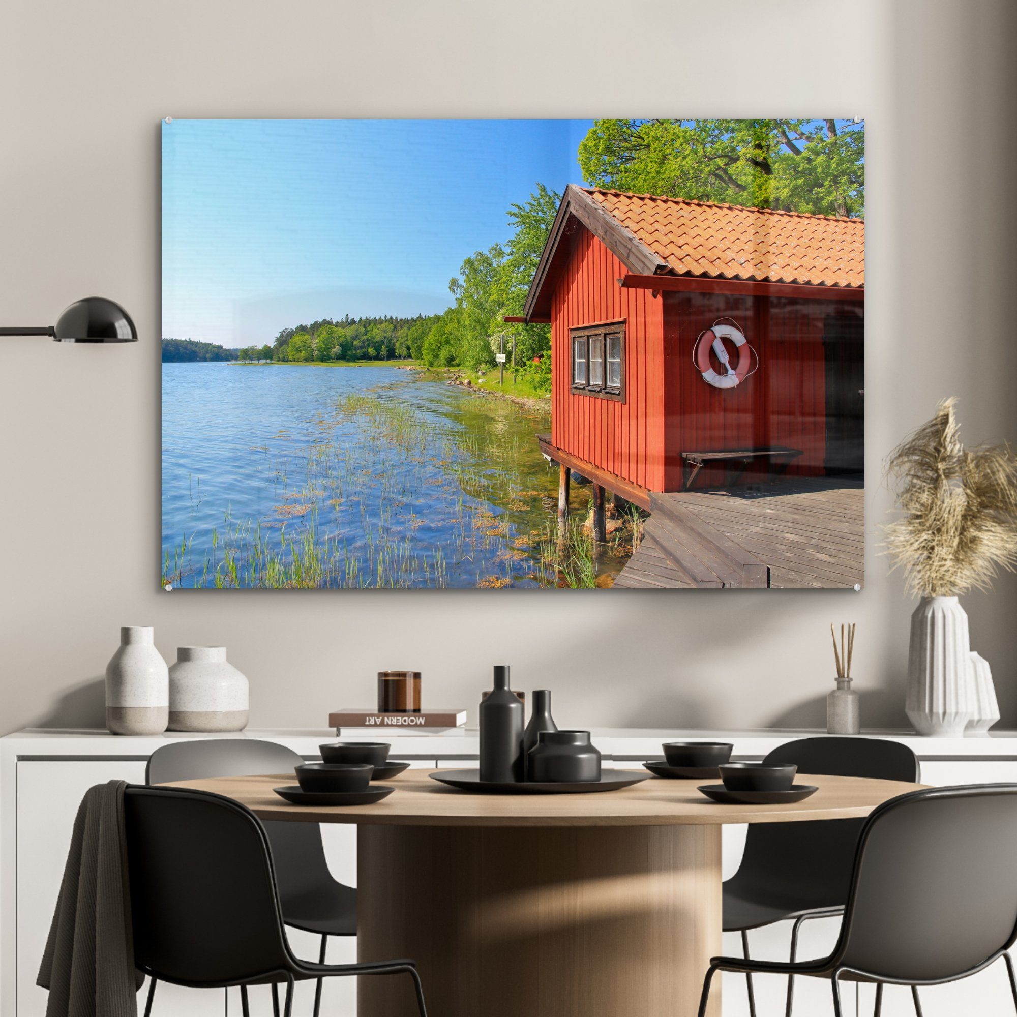 im Wohnzimmer MuchoWow St), (1 einem Acrylglasbilder Schweden, ruhigen Holzhaus Acrylglasbild Ängsö-Nationalpark, See an & Schlafzimmer