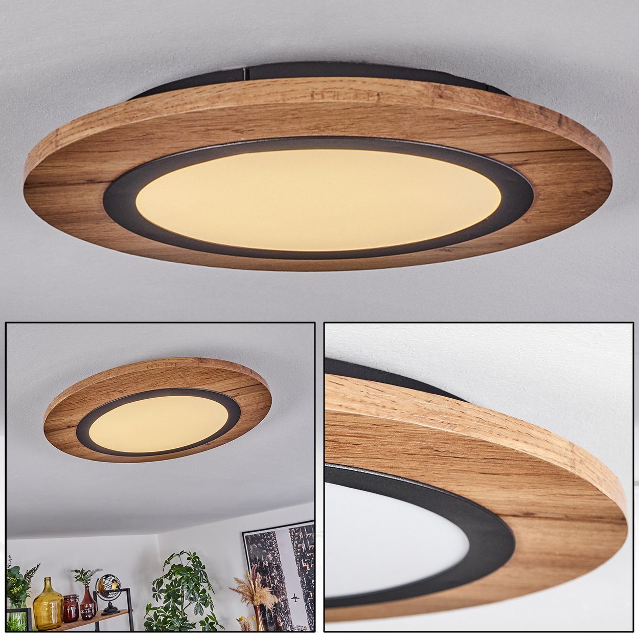 hofstein Lumen, Schwarz/Holzoptik/Braun/Weiß, aus in runde LED LED Metall/MDF/Kunststoff (39,5 Watt Leuchte 1350 15 Deckenleuchte cm), 3000 wechselbar, Deckenlampe Kelvin,