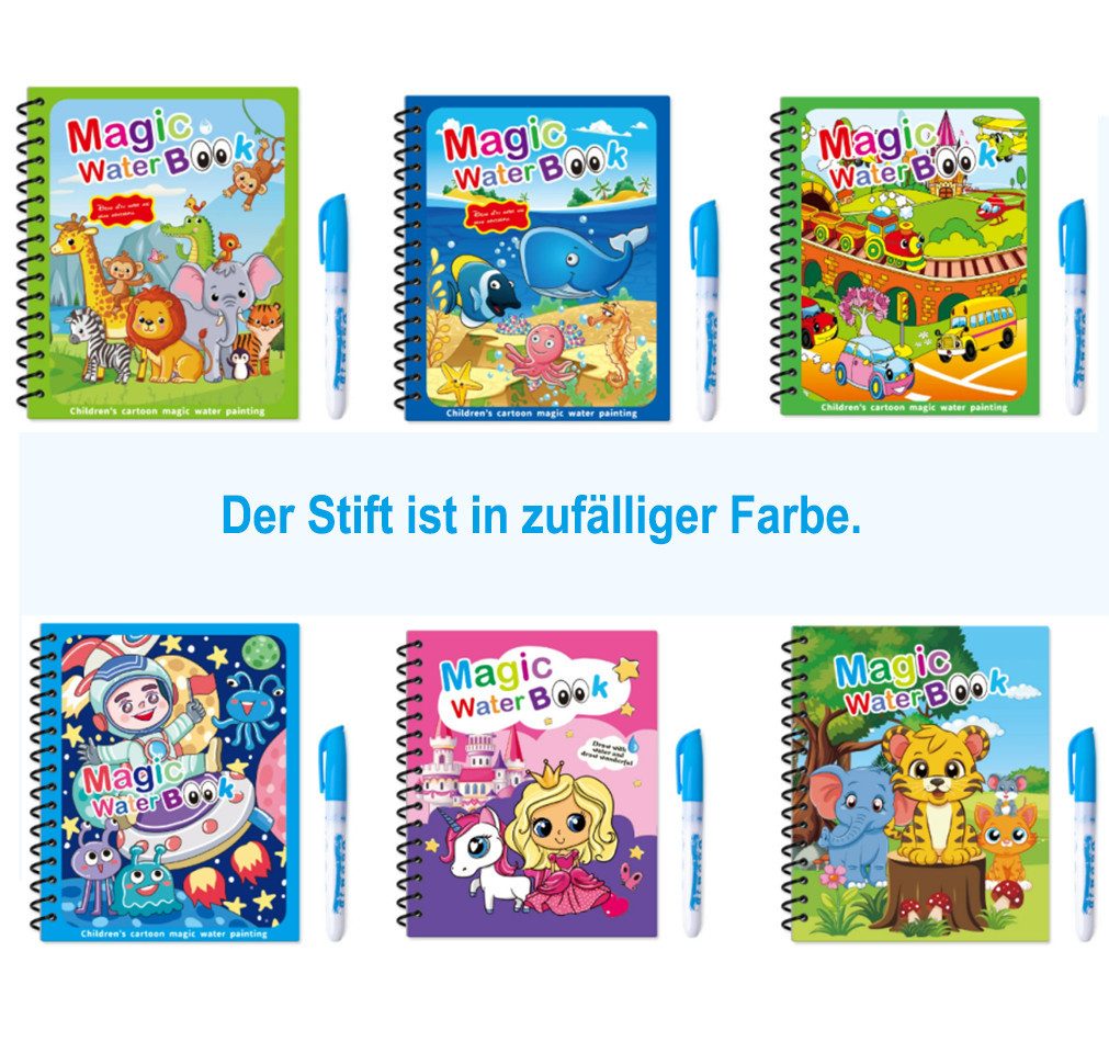 CLTYQ Malvorlage 6 Stück Wassermalbuch,Wasser Malbuch für 3 Jahre alte Kindergeschenke (6-St), Magic Water Coloring Book Malbuch mit Wasserstift Für Kinder