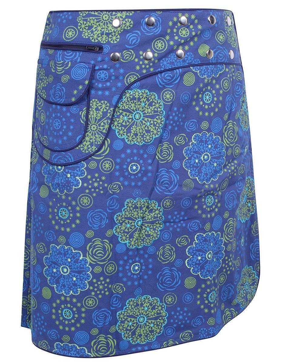 Vishes Wickelrock Rock Sidebag blau Druckknöpfe Wickeln Blumen bedruckt Style Ethno Goa, Elfen