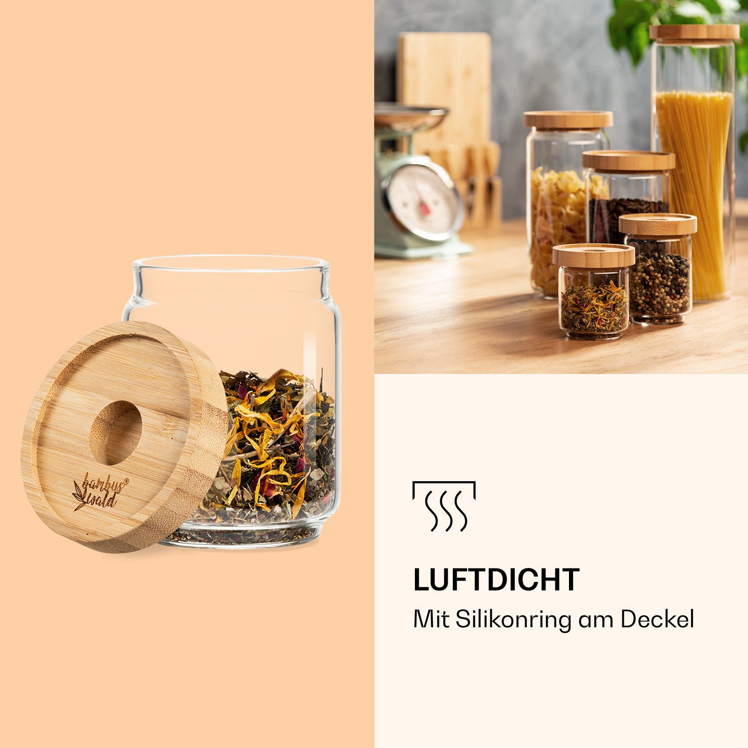 Klarstein Frischhaltedose Stapelglas, Bambus