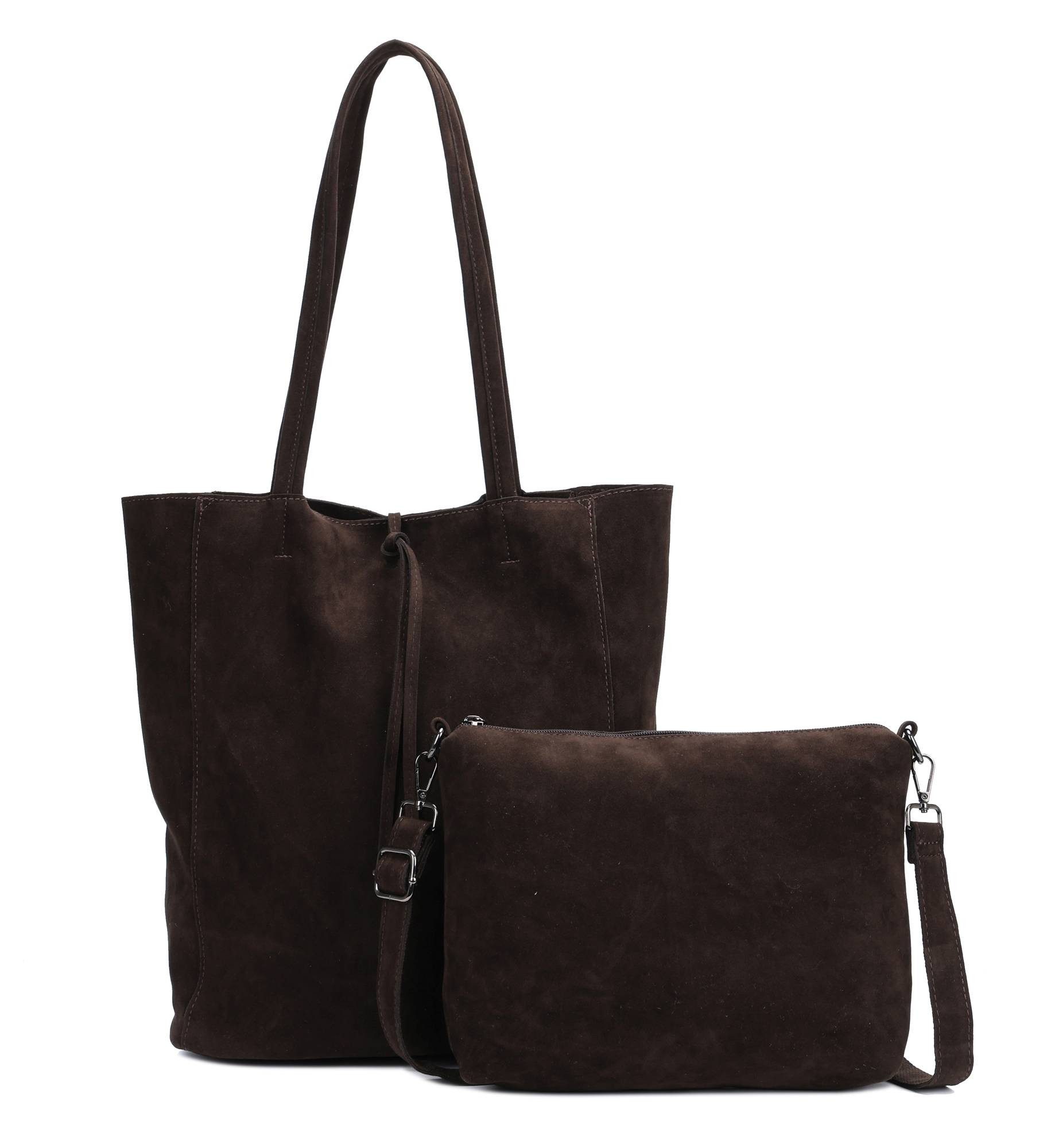 ITALYSHOP24 Schultertasche SET 2in1 Damen Tasche Umhängetasche XXL Hand-Tasche Shopper Tote Bag, Crossbody Reisetasche Henkeltasche Workbag Veganes Wildleder CrossOver