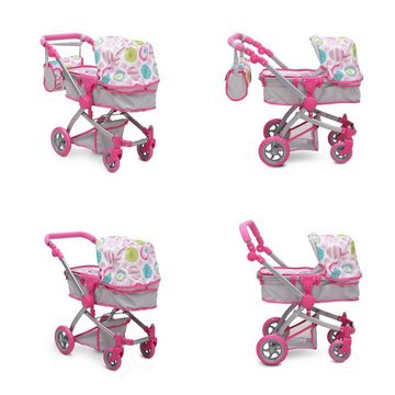 Moni Kombi-Puppenwagen Puppenwagen pink Rose 9651B, verstellbarer Schiebegriff, Sonnendach, Tasche