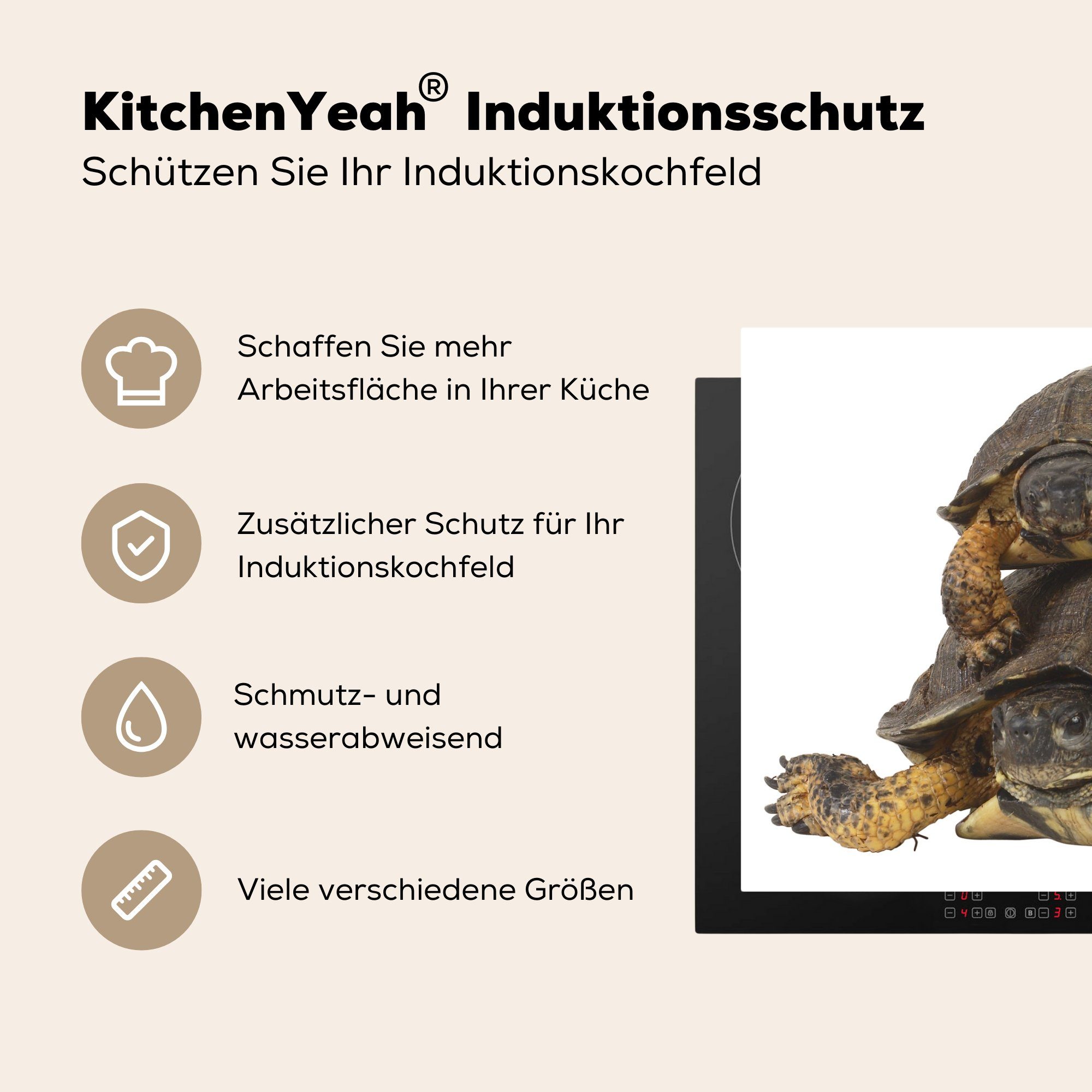 Herdblende-/Abdeckplatte Mutterschildkröte ihrem (1 70x52 Ceranfeldabdeckung cm, Vinyl, nutzbar, tlg), Arbeitsfläche Kind, MuchoWow mit Mobile