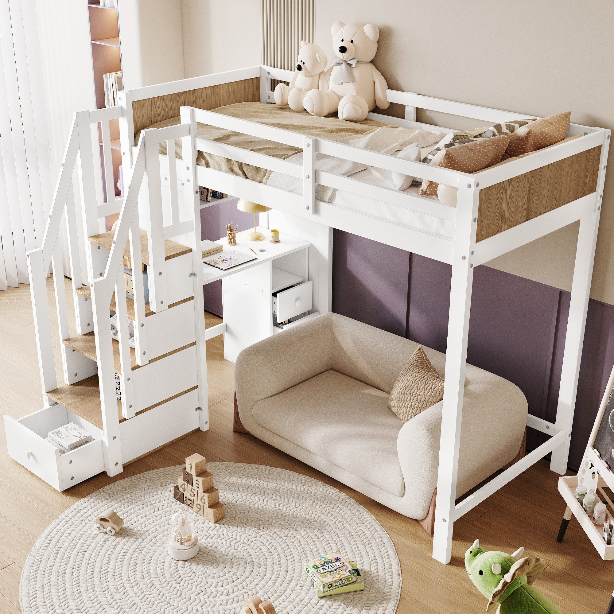 MODFU Etagenbett Kinderbett mit 4-Stufen-Leiterschrank (mit Schreibtisch, 3 Schubladen, integrierter Stauraumtreppe, 90 x 200 cm), ohne Matratze