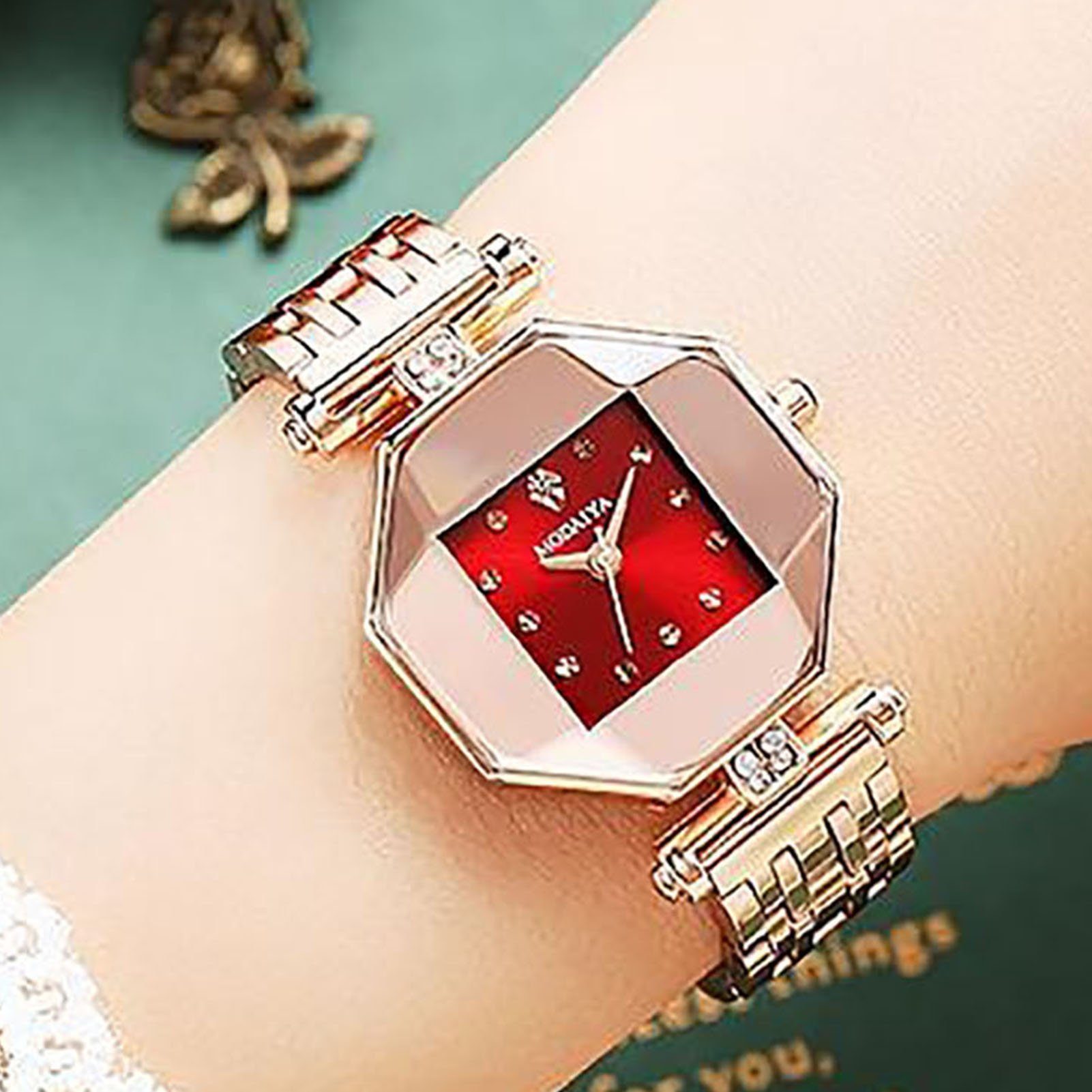 Damenuhr einstellbar wasserdicht Shi-Platz Vielseitig dünn Rot Mode Strasssteine Armband) Damen-Armbanduhr-Set, Multifunktionsuhr (Ultra Mosaik, Edelstahl betrachten Rutaqian Hao