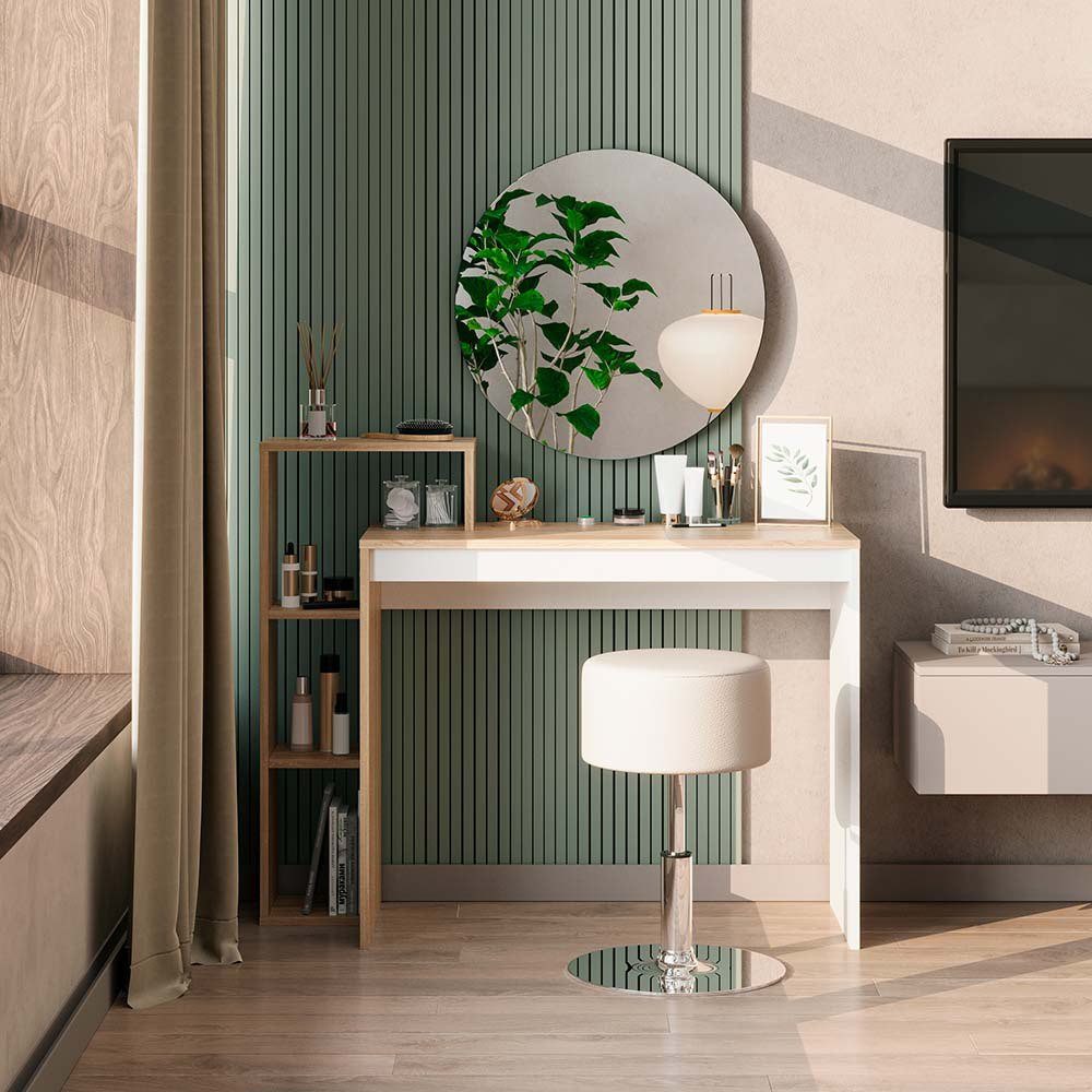 Vicco Schminktisch Leo, Sonoma/Weiß, 100 cm mit Spiegel und Hocker