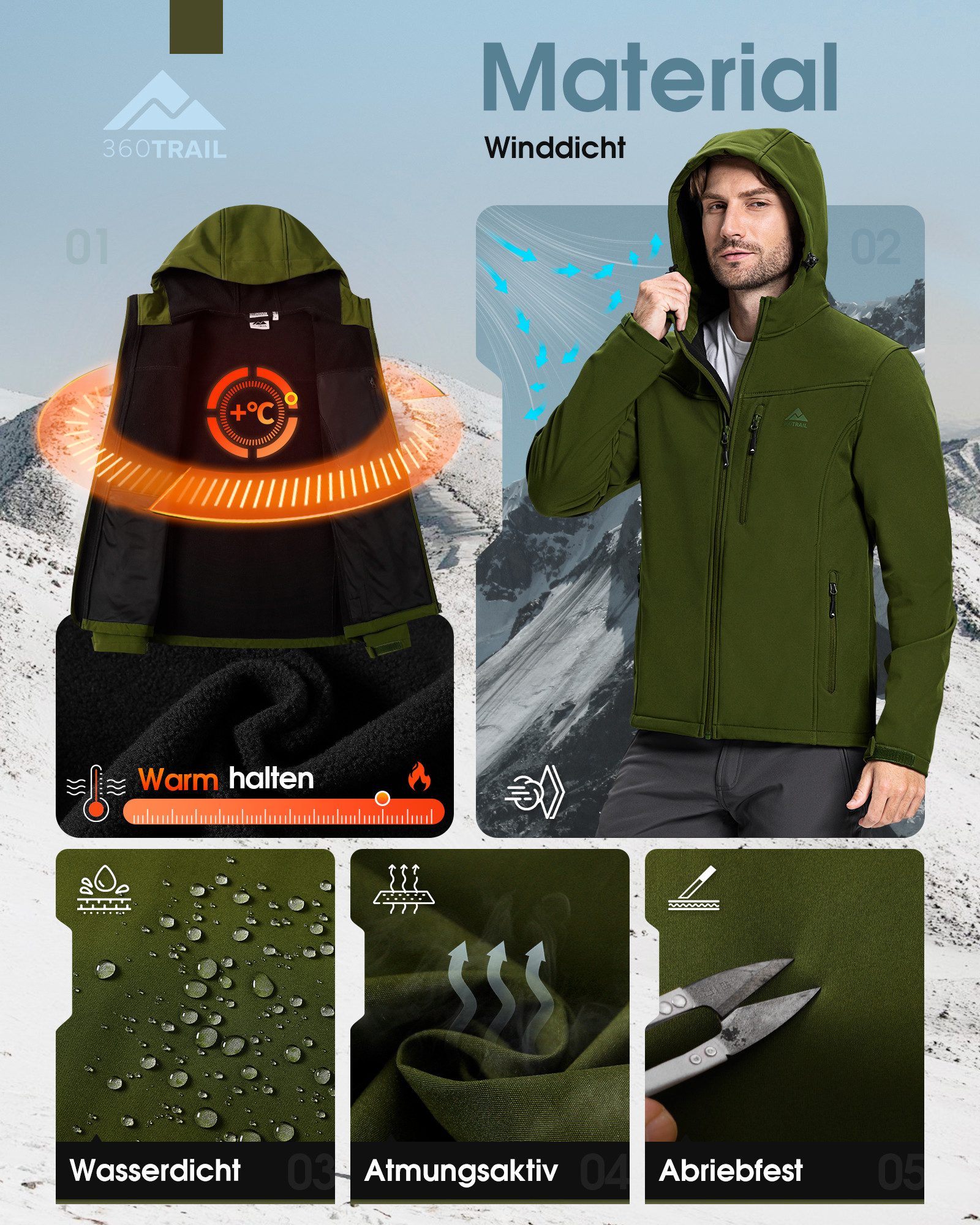 360Trail Outdoorjacke Softshelljacke Skayra wasserdichte winddichte Herren Übergangsjacke Microfleece-Innenfutter, atmungsaktiv, wasserdicht – Bild 4 von 5