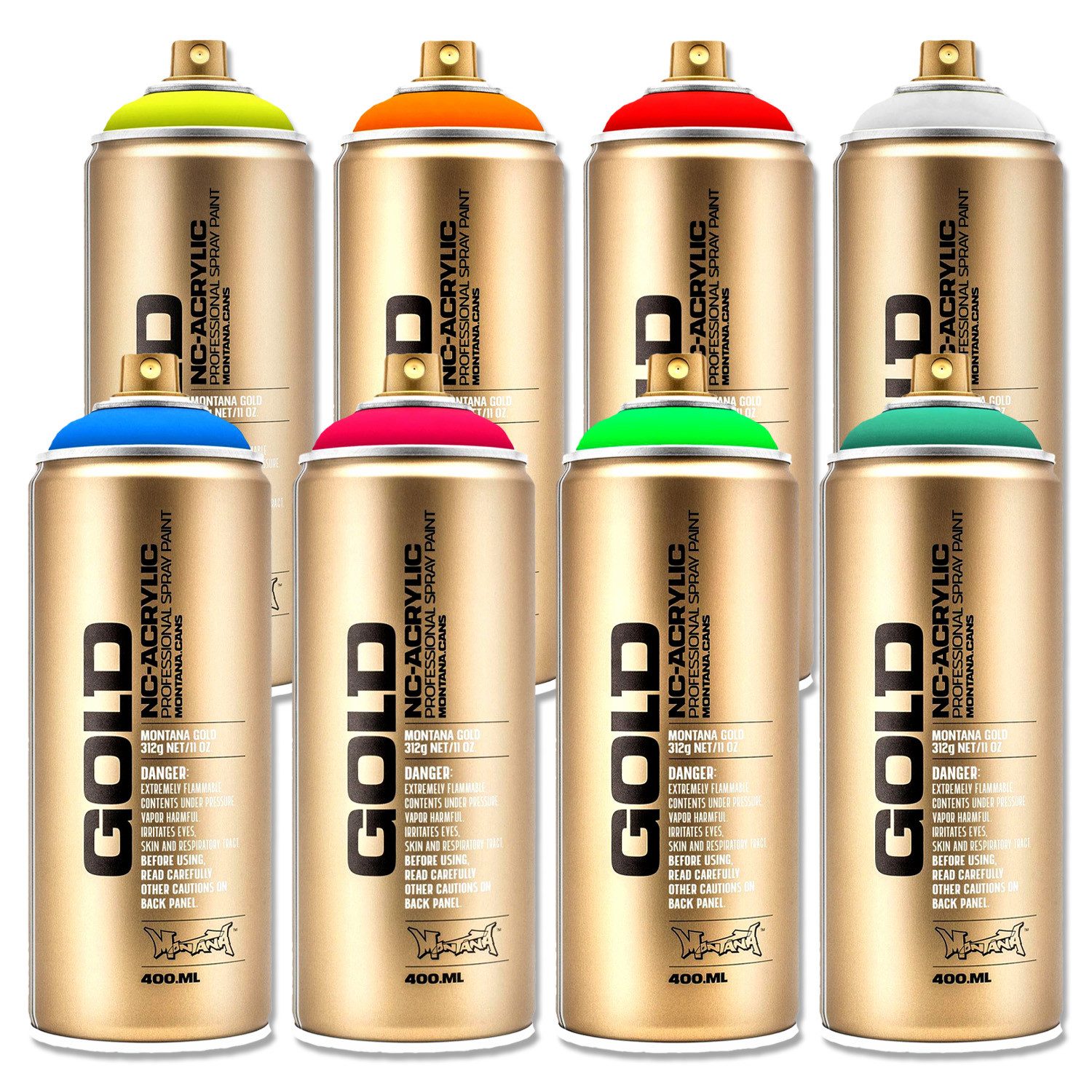 Montana Cans Sprühlack Sprühlack, Montana GOLD, Fluoreszierend, 400ml, 8 Farben Set