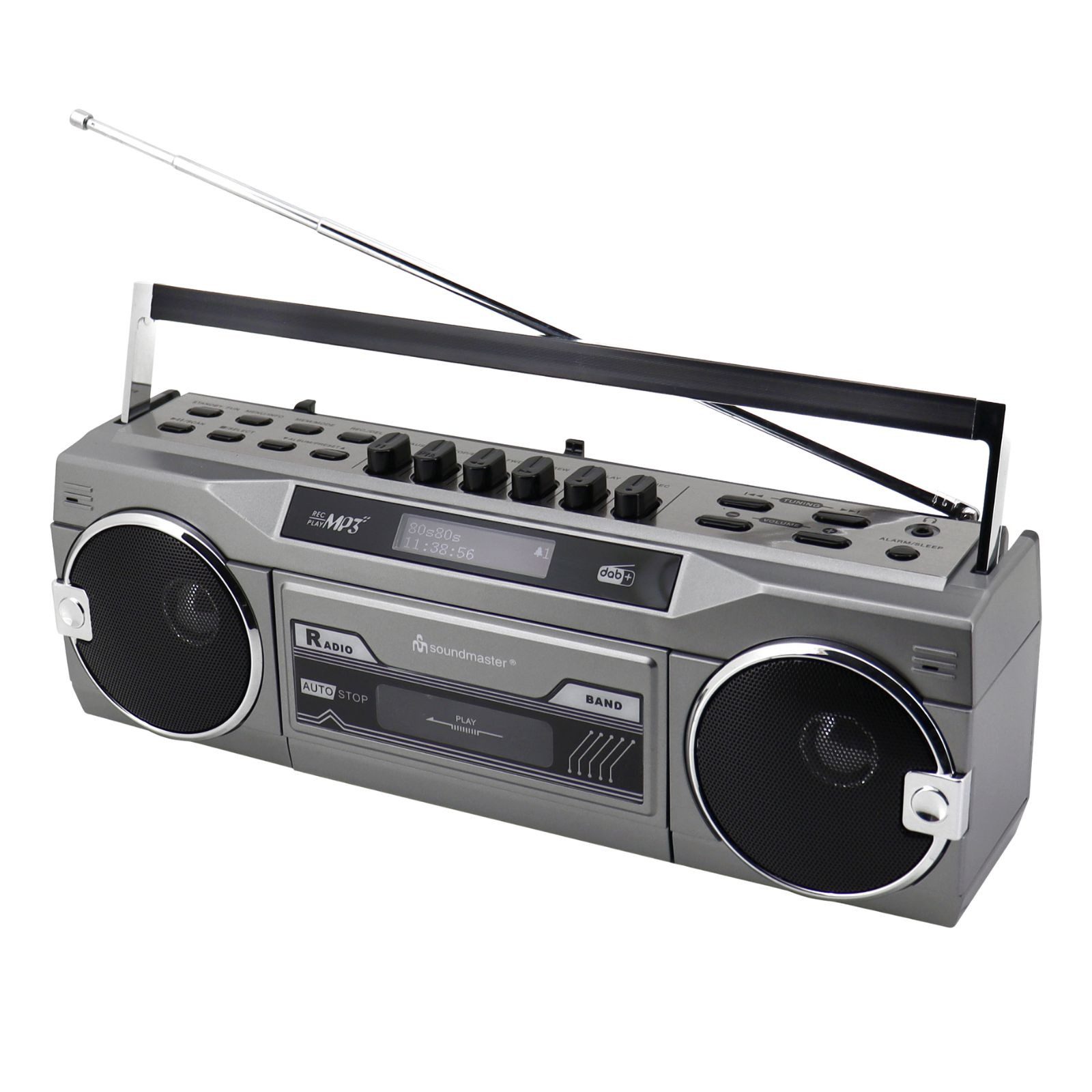 Soundmaster SRR80TI Retro Radiokassettenrekorder DAB+ Bluetooth USB/SD Aufnahme Boombox (DAB+, UKW, 3 W, Aufnahmefunktion auf Kassette, Abspielen USB MP3, Klangregler)