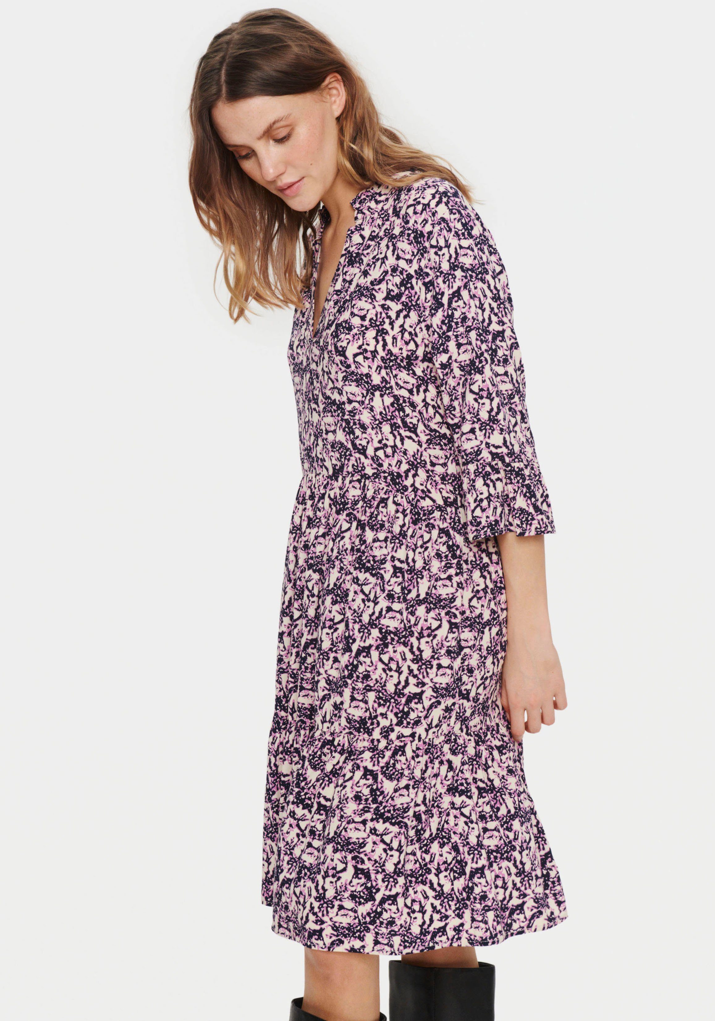 Saint Tropez Sommerkleid EdaSZ Dress mit Volant und 3/4 Ärmel Mulberry Soft Focus | Sommerkleider