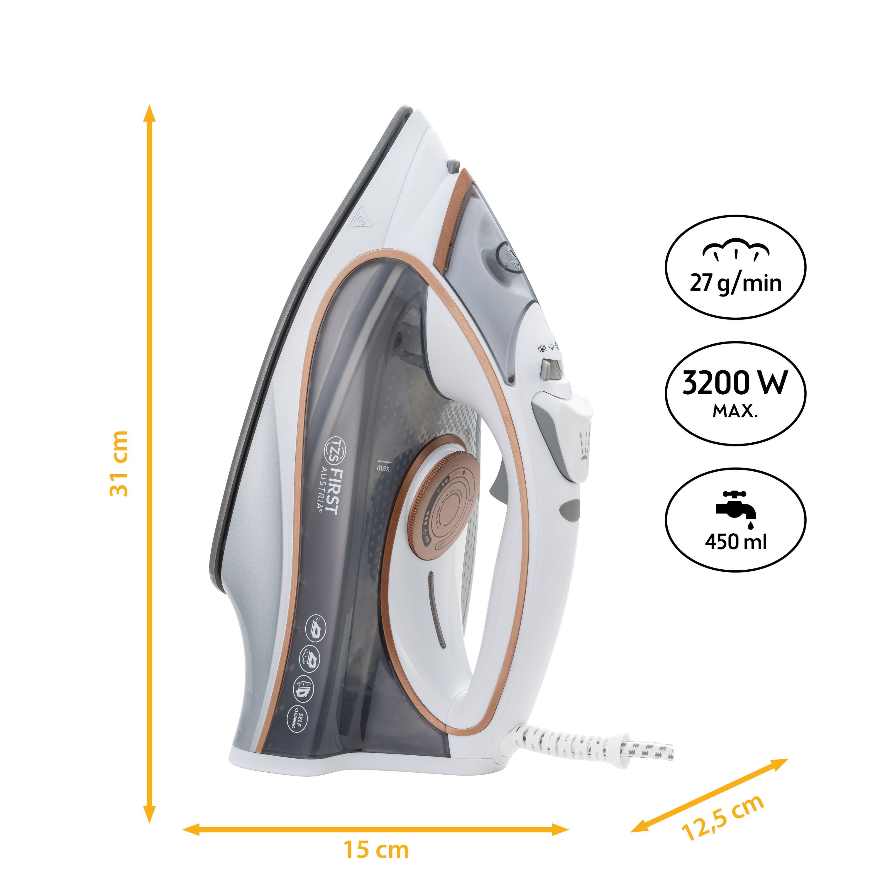 TZS FIRST AUSTRIA Dampfbügeleisen Bügeleisen, verstellbare Temperatur, 3200 W, Anti-Kalk-System, 3200 W, Keramiksohle, 450 ml Wassertank und 27gr/Min, Weiß