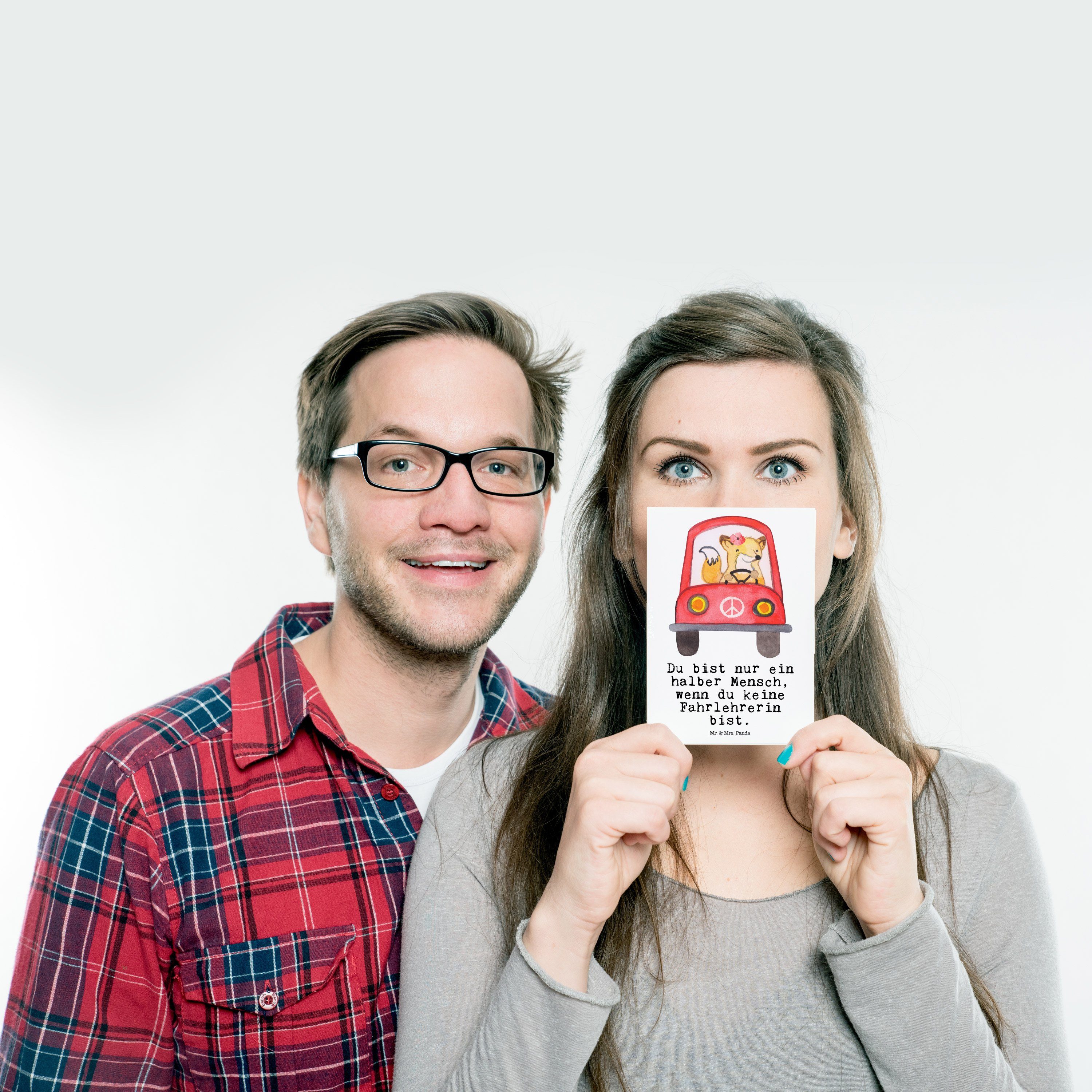 Mr. & Mrs. Panda Herz mit - Geschenk, Fahrlehrerin Postkarte Füh Weiß - Karte, Geburtstagskarte