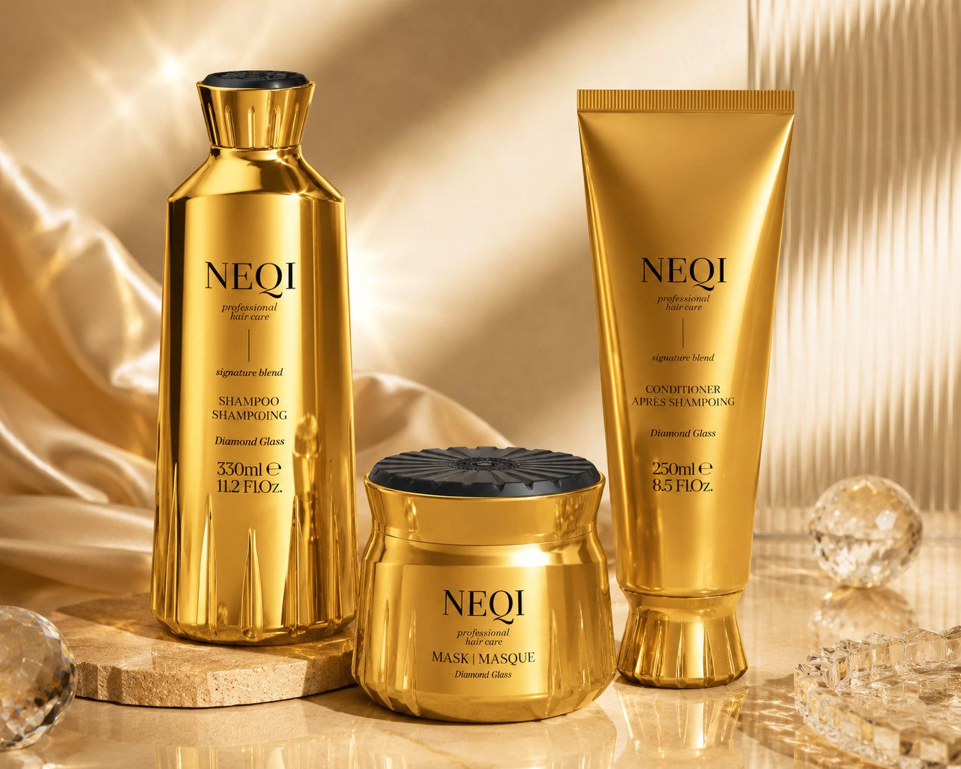 NEQI Haarpflege-Set Diamond Glass Trio Set – Shampoo, Conditioner & Haarmaske, 3-tlg.