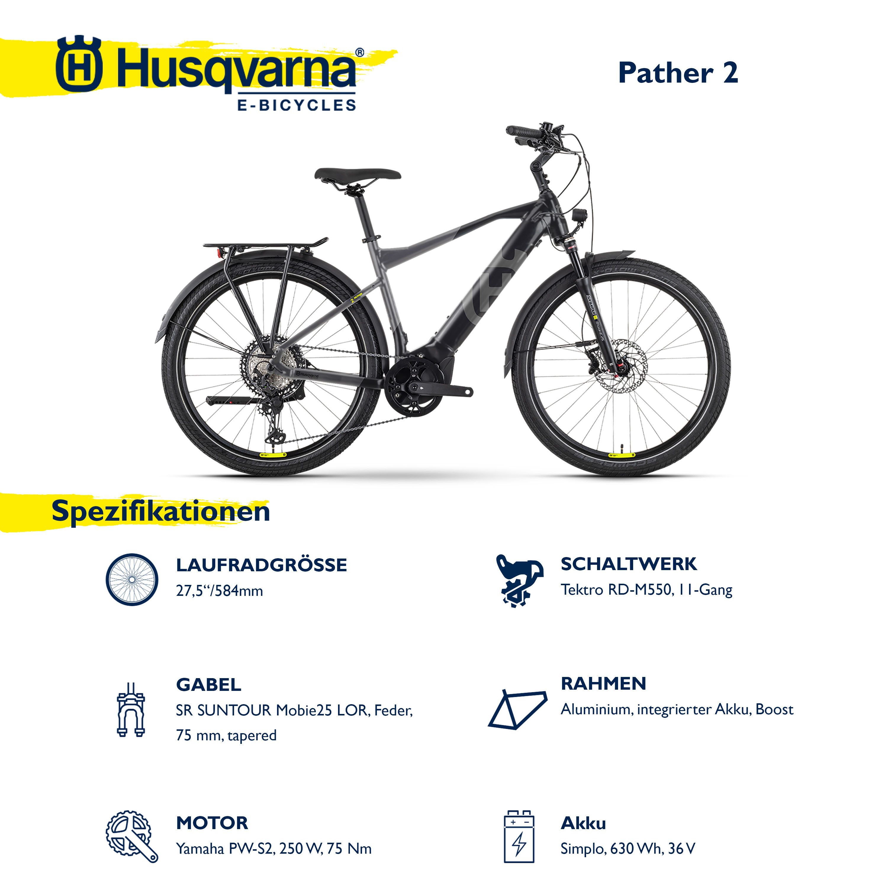 Husqvarna E-BICYCLES E-Bike Trekkingrad E-Trekkingbike Pather 2 Herren, 11 Gang Tektro RD-M550 Schaltwerk, Kettenschaltung, Mittelmotor, 630 Wh, (27,5 Zoll, Yamaha Motor, Scheibenbremsen, mit Straßenzulassung), Pedelec, Elektrofahrrad für Herren