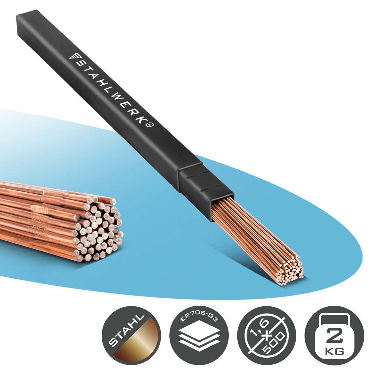 STAHLWERK Stabelektroden 1,6 mm WIG Schweißstäbe ER70S-G3 Stahl 2 kg, (Packung), Länge von 500 mm und einen Durchmesser von 1,6 mm
