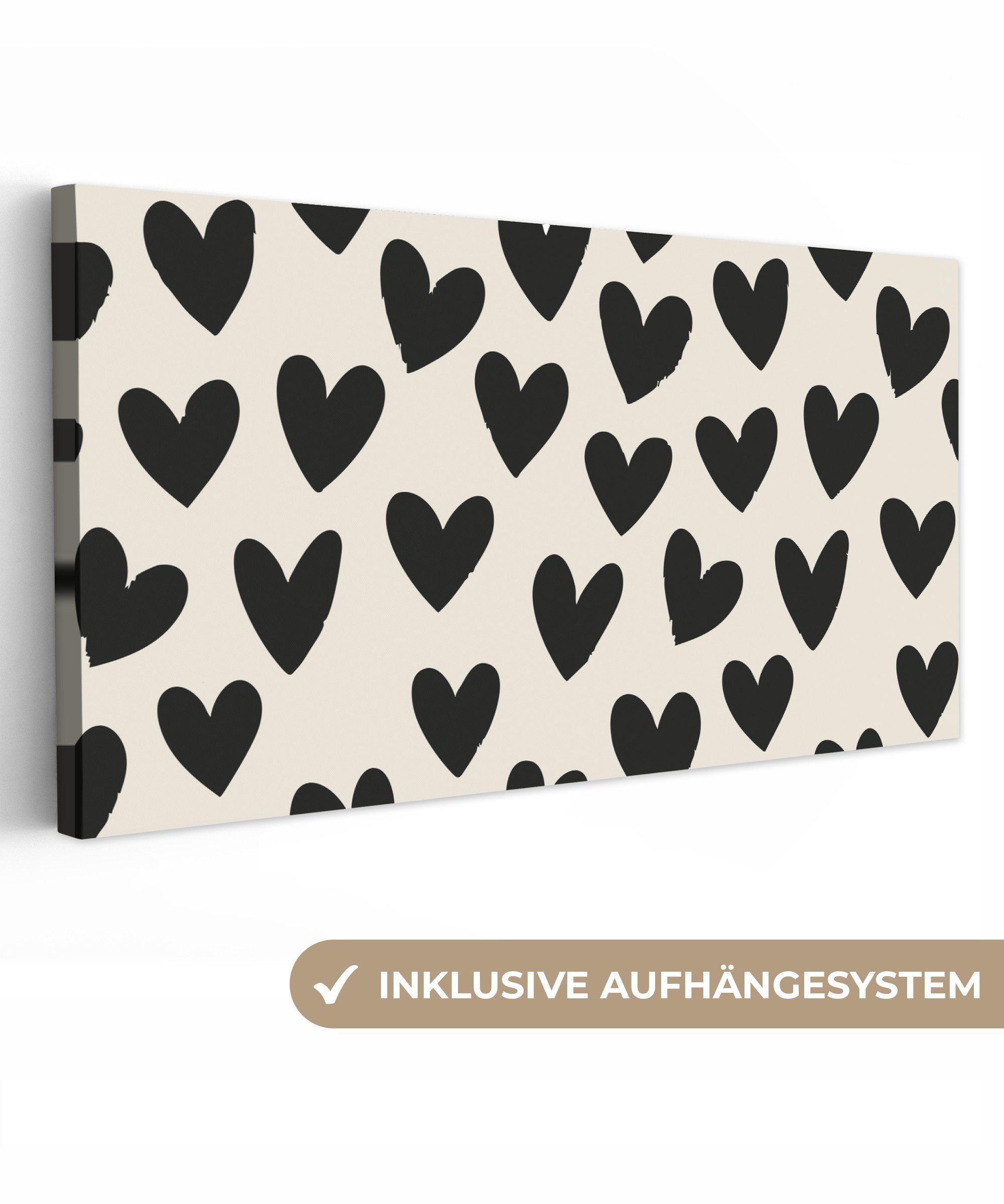 OneMillionCanvasses® Leinwandbild Panorama Herzen - Schwarz - Beige, Fotodruck (1 St), Wandbild, Deko Schlafzimmer Wohnzimmer Flur 40x20 cm