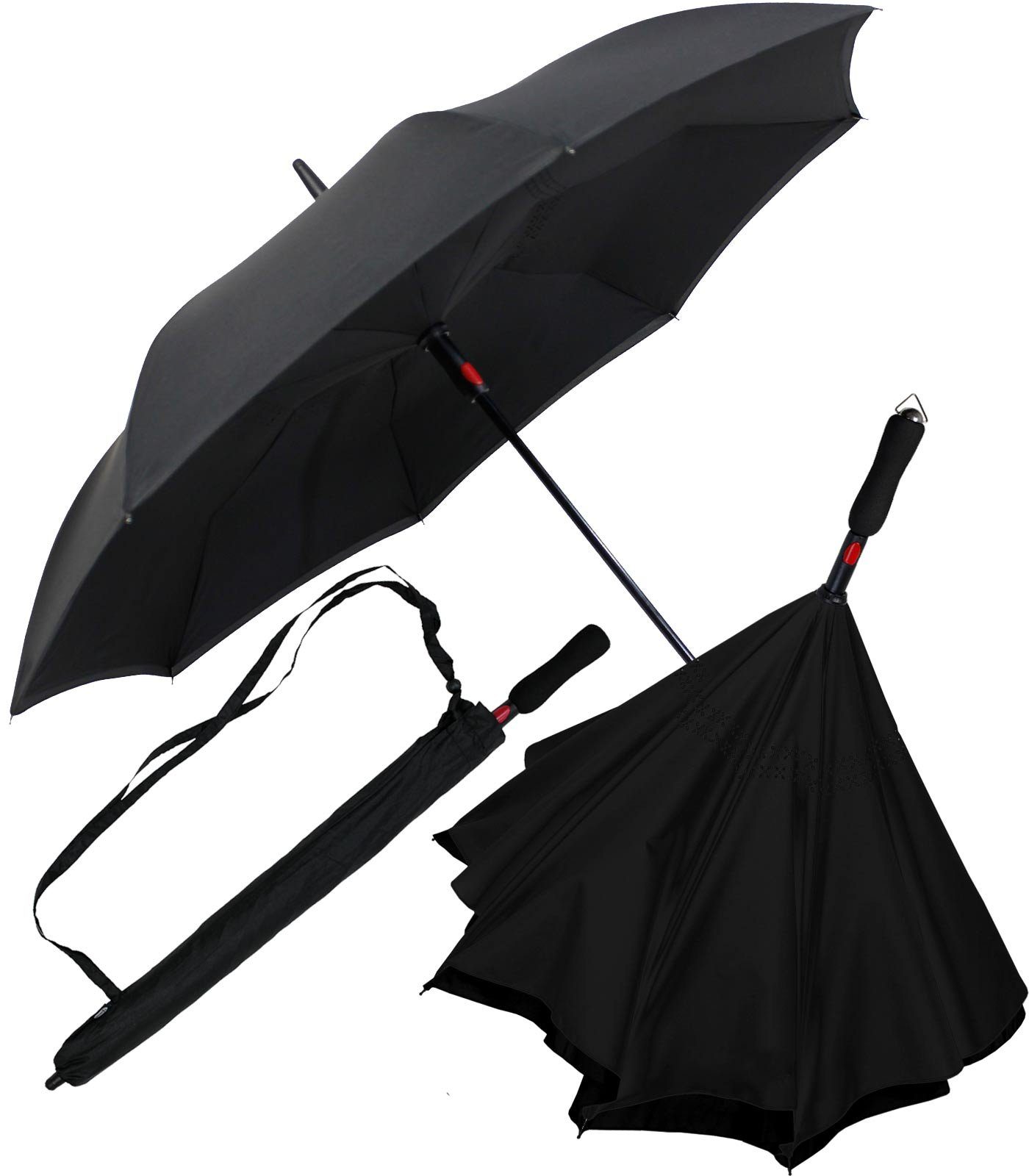 iX-brella Langregenschirm Reverse-Schirm - öffnen Automatik, umgedreht mit umgedreht schwarz zu
