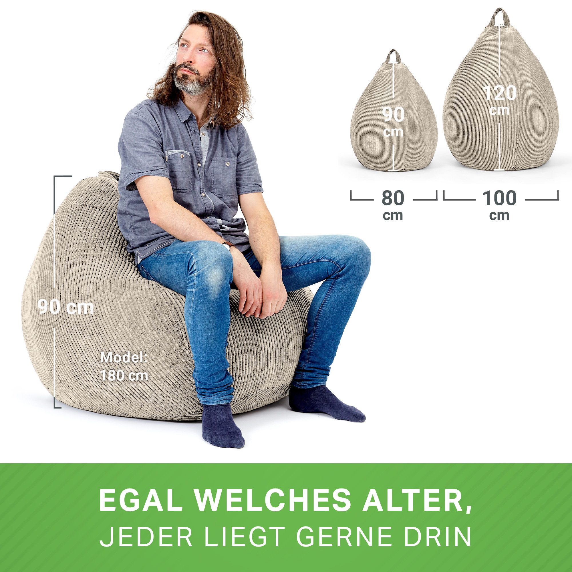 Green Bean Sitzsack Indoor Sitzsack Scoop 90x110cm - Cord (Indoor Sitzsack 90x110cm aus Cordstoff mit EPS-Perlen Füllung, Kuschelig Weich Waschbar - Drinnen Bod – Bild 5 von 5