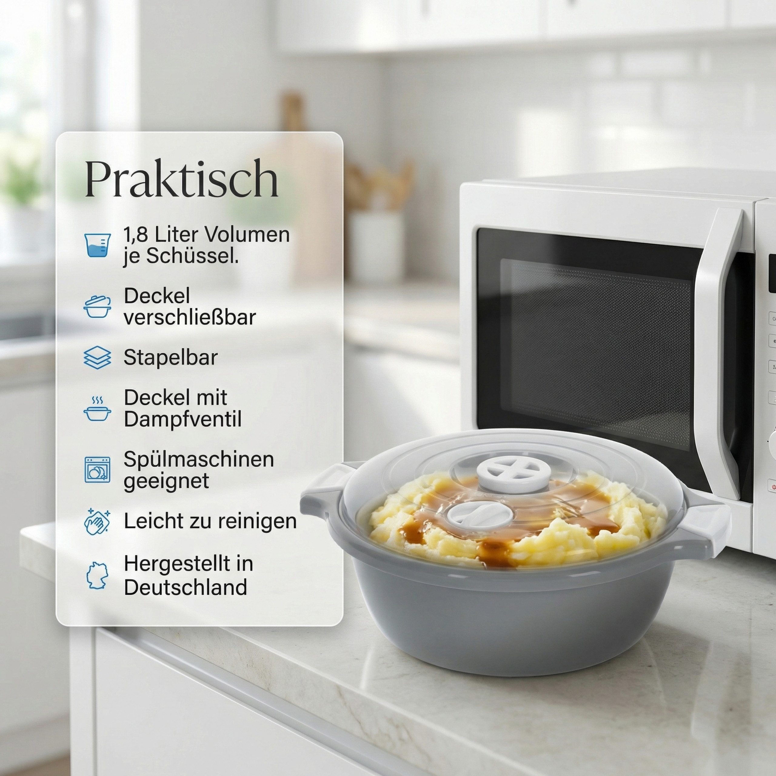 Lantelme Mikrowellenbehälter Mikrowellengeschirr Grau Mikrowellenschüssel mit Dampfventil, (2-tlg., 2 Stück Set Mikrowellenschüssel Volumen 1,8 Liter Volumen), mit Deckel und Dampfventil, Deutsche Herstellung